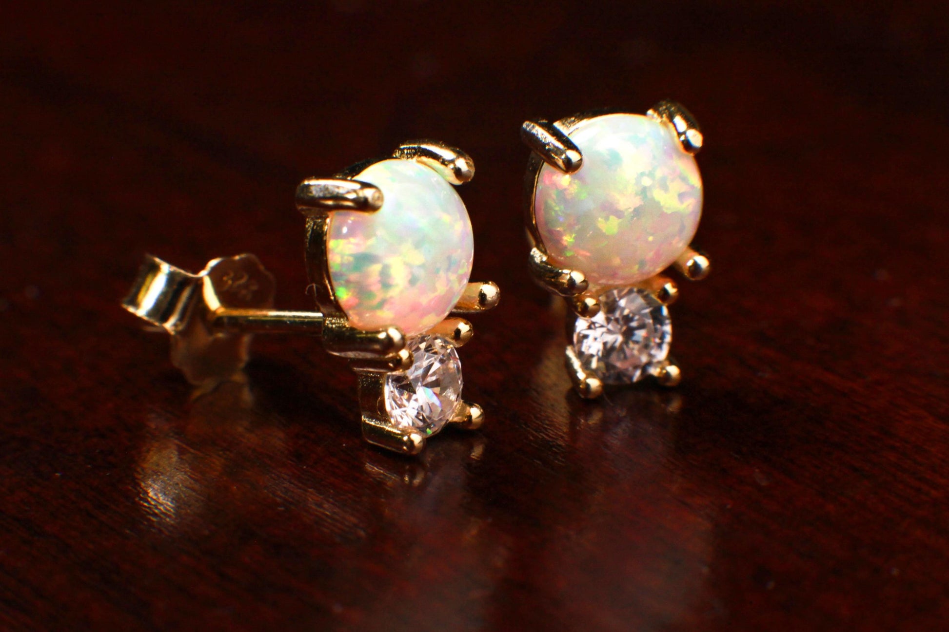 Genuine Ethiopian Fire Opal, Welo Opal, 6mm Round CZ Diamond top in 22k Gold Vermeil Stud Earrings Fiery Opal 925 stamped. Elegant gift