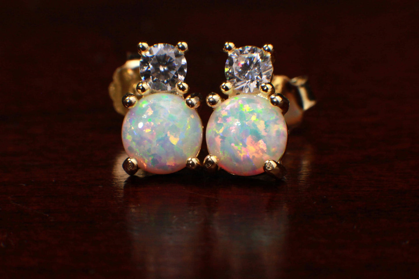 Genuine Ethiopian Fire Opal, Welo Opal, 6mm Round CZ Diamond top in 22k Gold Vermeil Stud Earrings Fiery Opal 925 stamped. Elegant gift