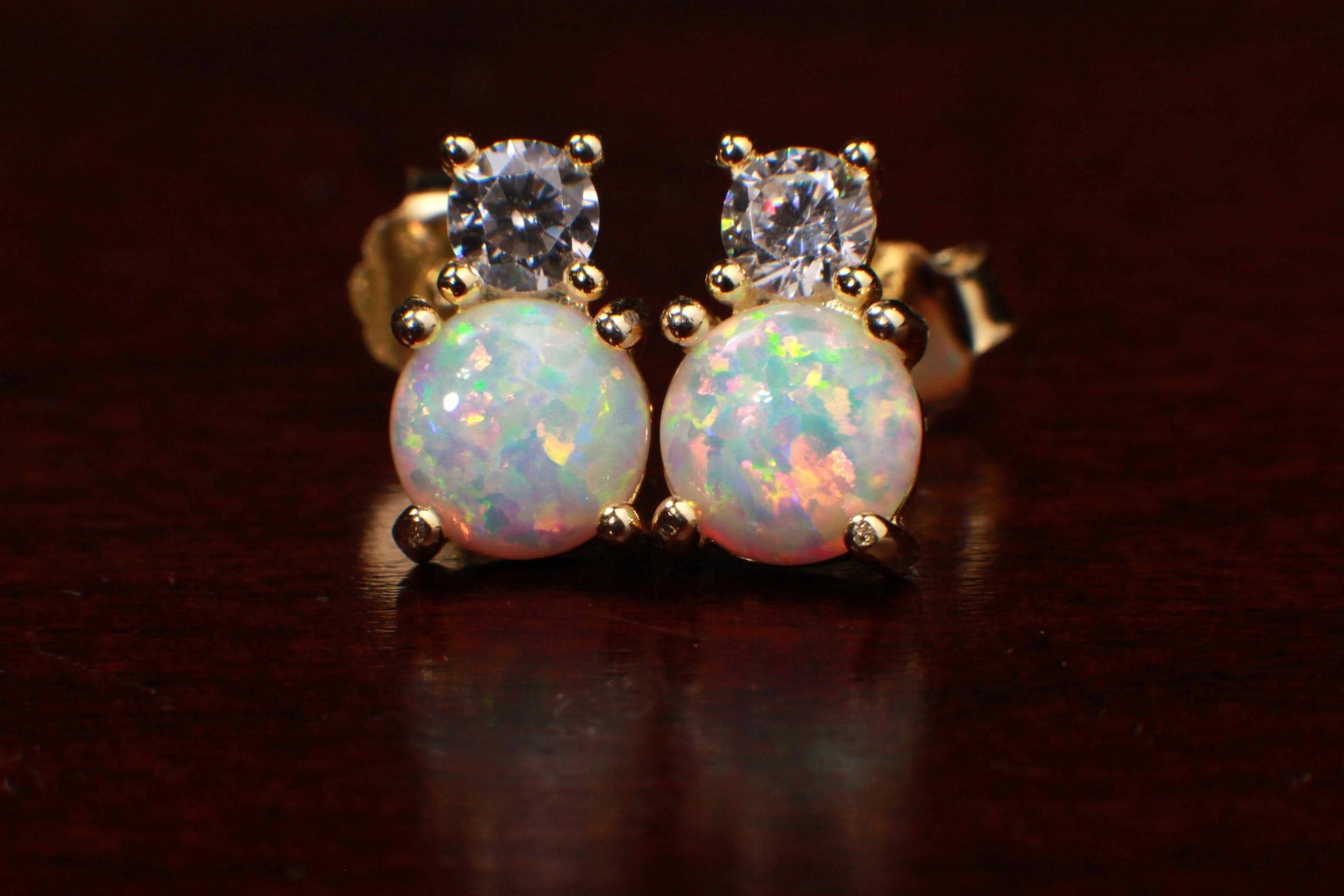 Genuine Ethiopian Fire Opal, Welo Opal, 6mm Round CZ Diamond top in 22k Gold Vermeil Stud Earrings Fiery Opal 925 stamped. Elegant gift