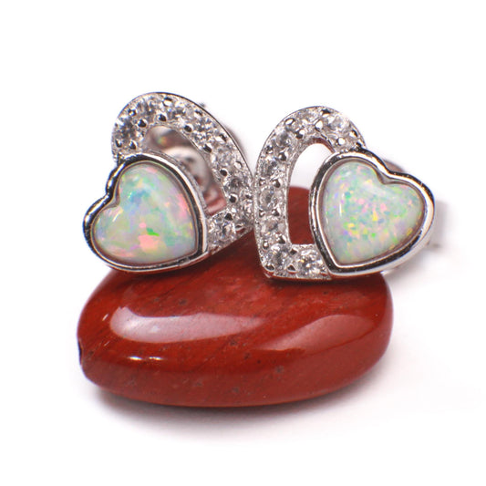 Ethiopian Fire Opal, Welo Opal, 7mm Double Heart CZ Diamond Stud Earrings 925 Sterling Silver AAA Fiery Opal Elegant Earring valentines gift