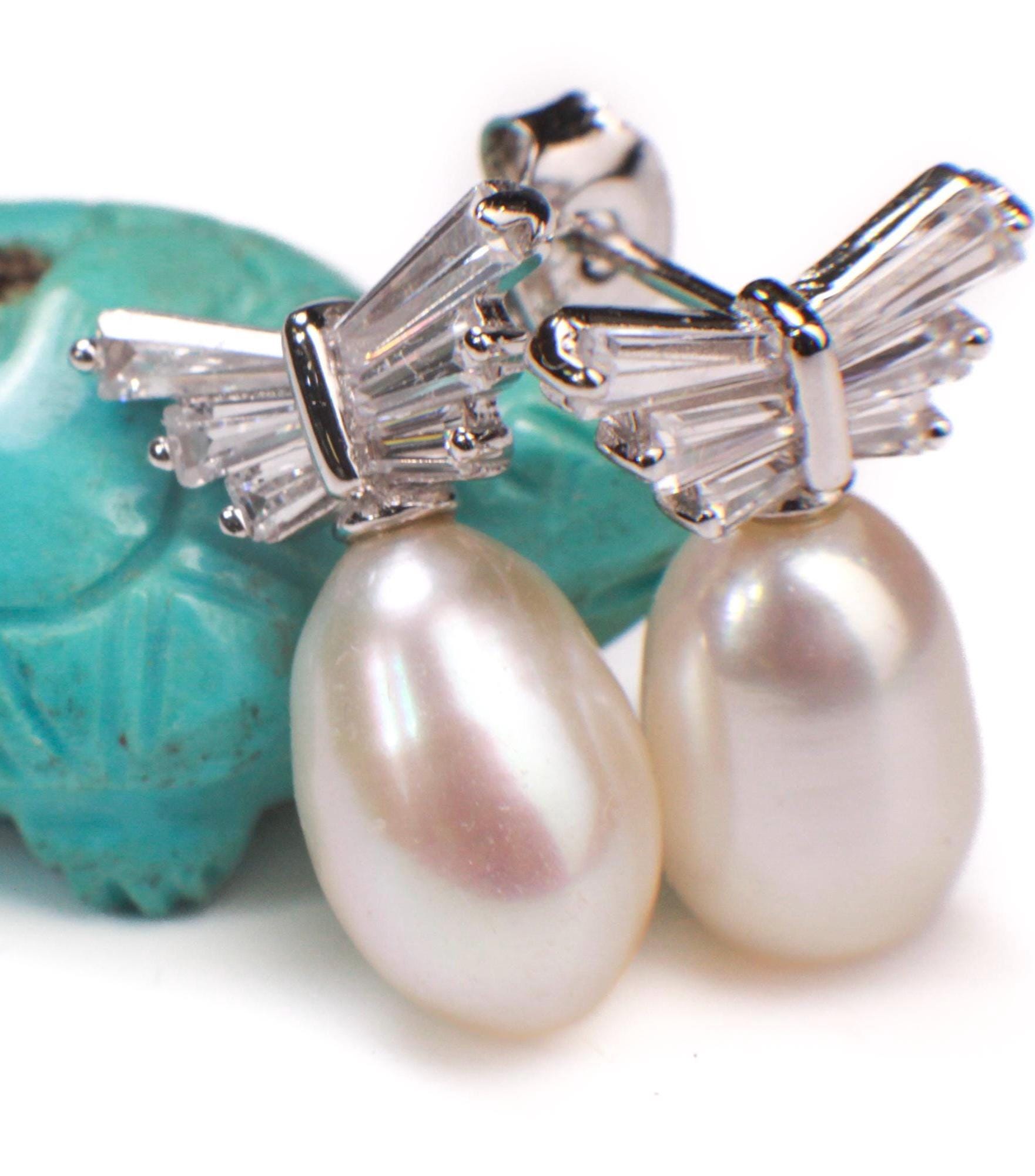 Natural Freshwater Pearl 10x16mm CZ Diamond Emerald cut Butterfly Post 925 Sterling Silver Earrings, Bridesmaid, bridal, wedding,925 Stamped
