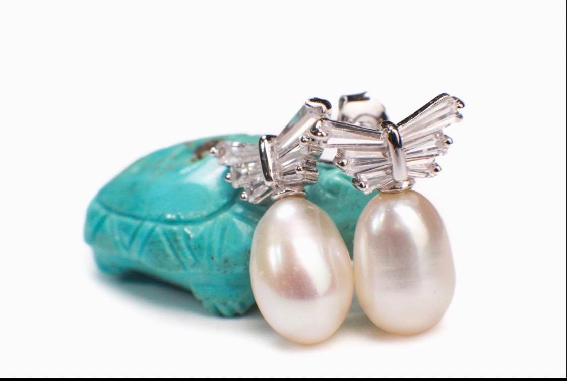 Natural Freshwater Pearl 10x16mm CZ Diamond Emerald cut Butterfly Post 925 Sterling Silver Earrings, Bridesmaid, bridal, wedding,925 Stamped