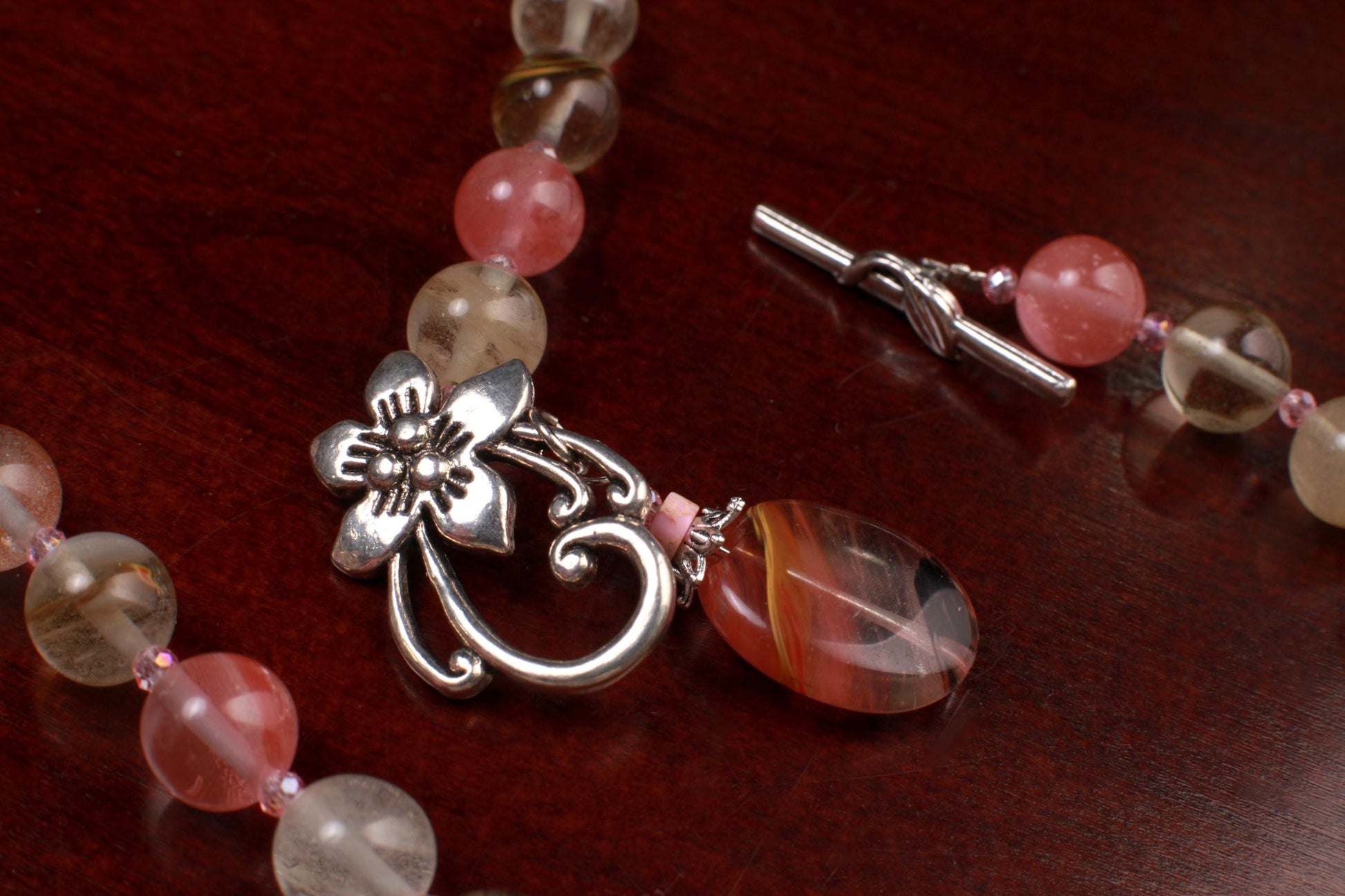 Fire Strawberry quartz 10mm round beaded necklace with pendant fancy silver flower toggle pink strawberry shaded necklace