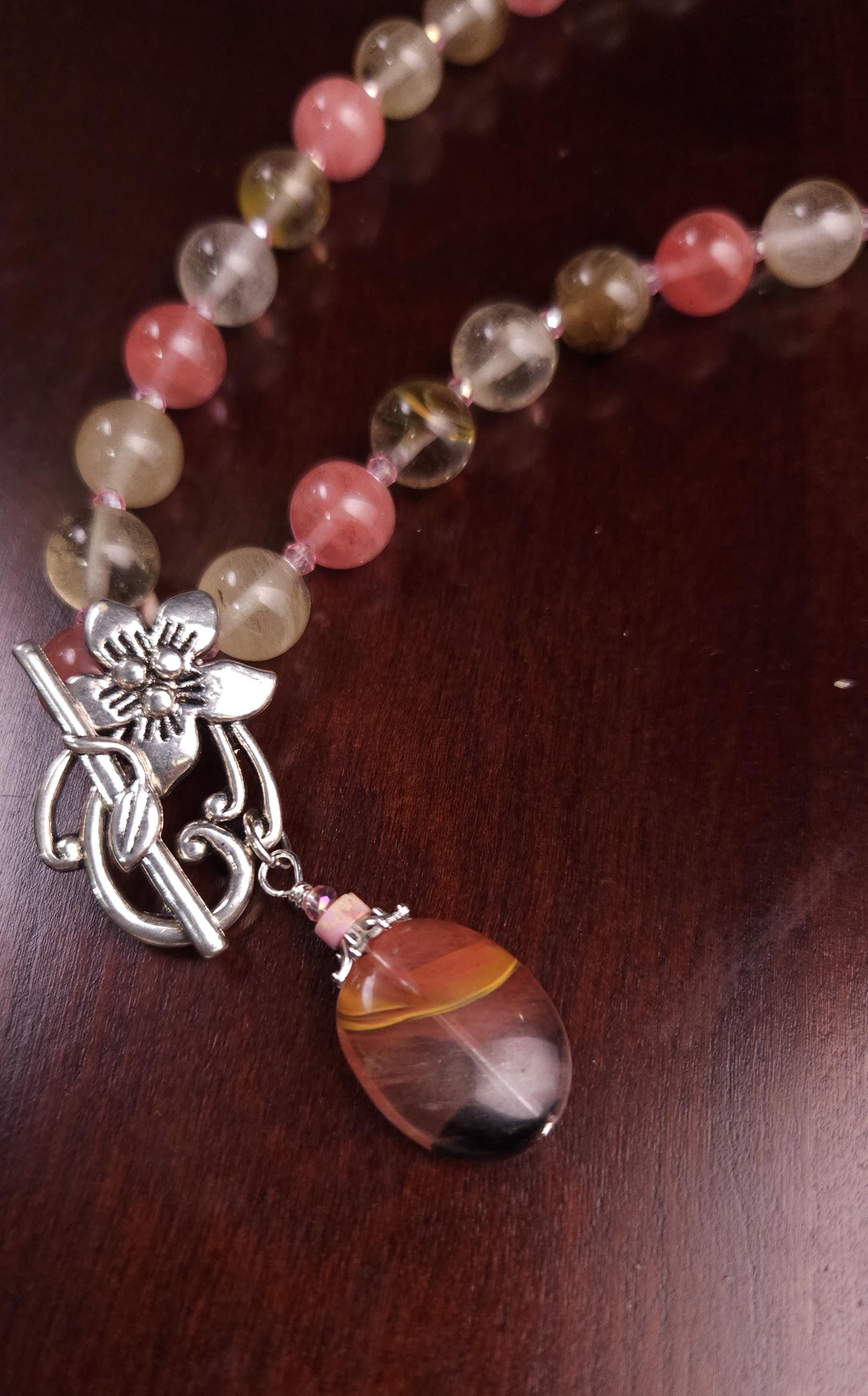 Fire Strawberry quartz 10mm round beaded necklace with pendant fancy silver flower toggle pink strawberry shaded necklace