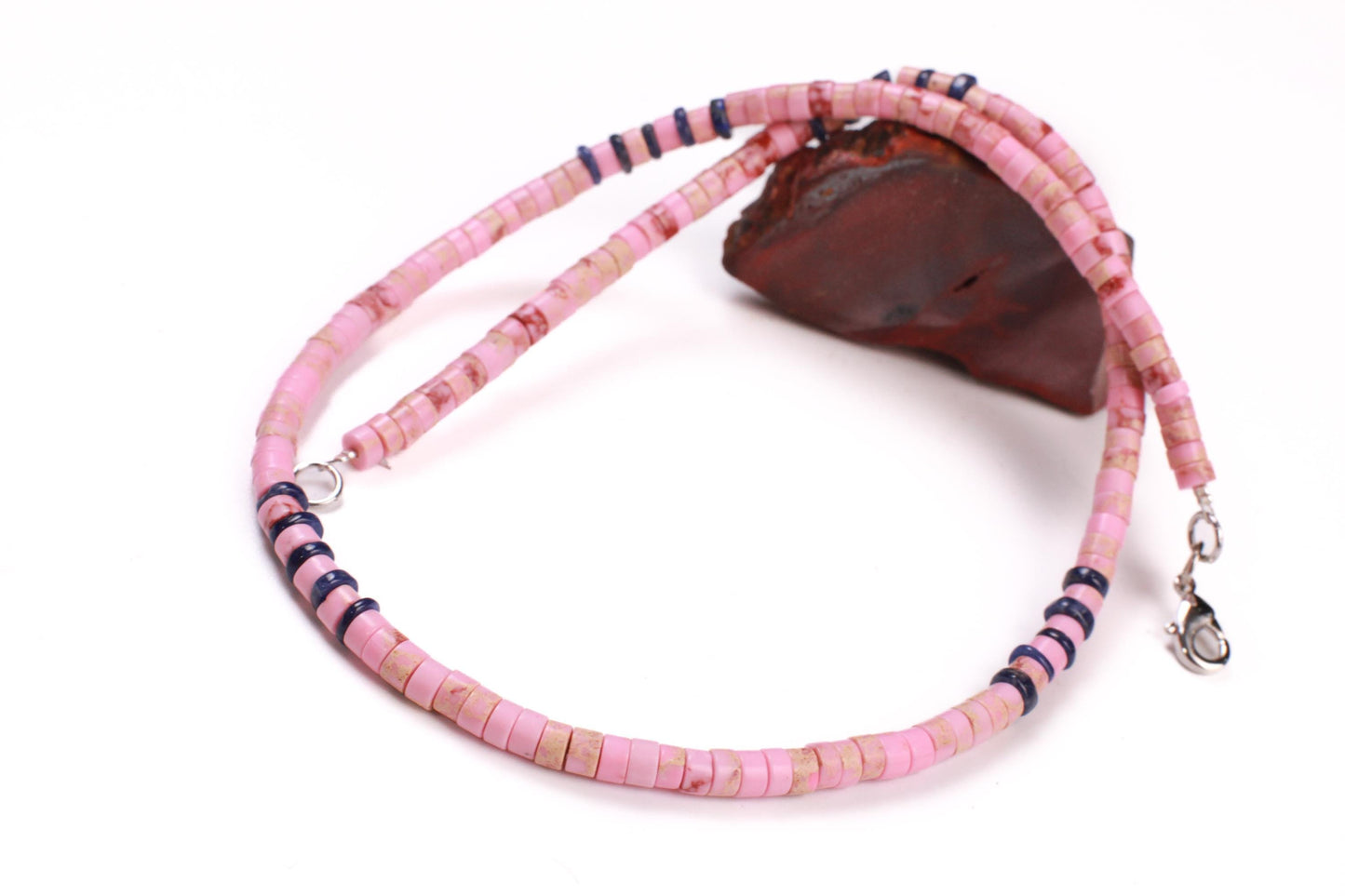 Baby Pink Impression Jasper heishi with Lapis Lazuli heishi Spacer blush pink Silver summer Necklace,for Man and Woman.
