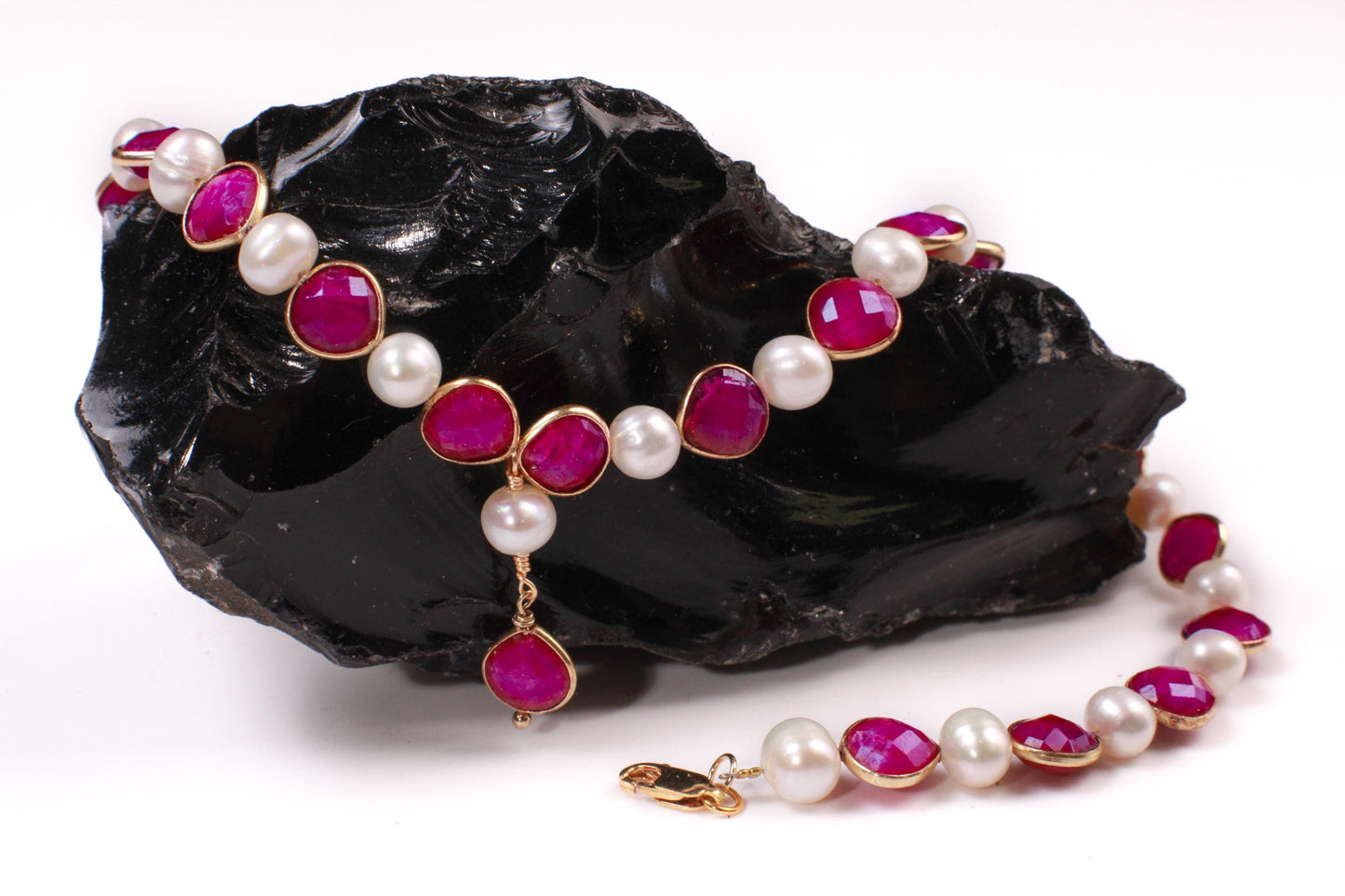 Genuine pink Ruby Heart shape Bezel with fresh Water Pearl 22k Gold vermeil Y necklace purplish pink Valentine, Bridesmaid