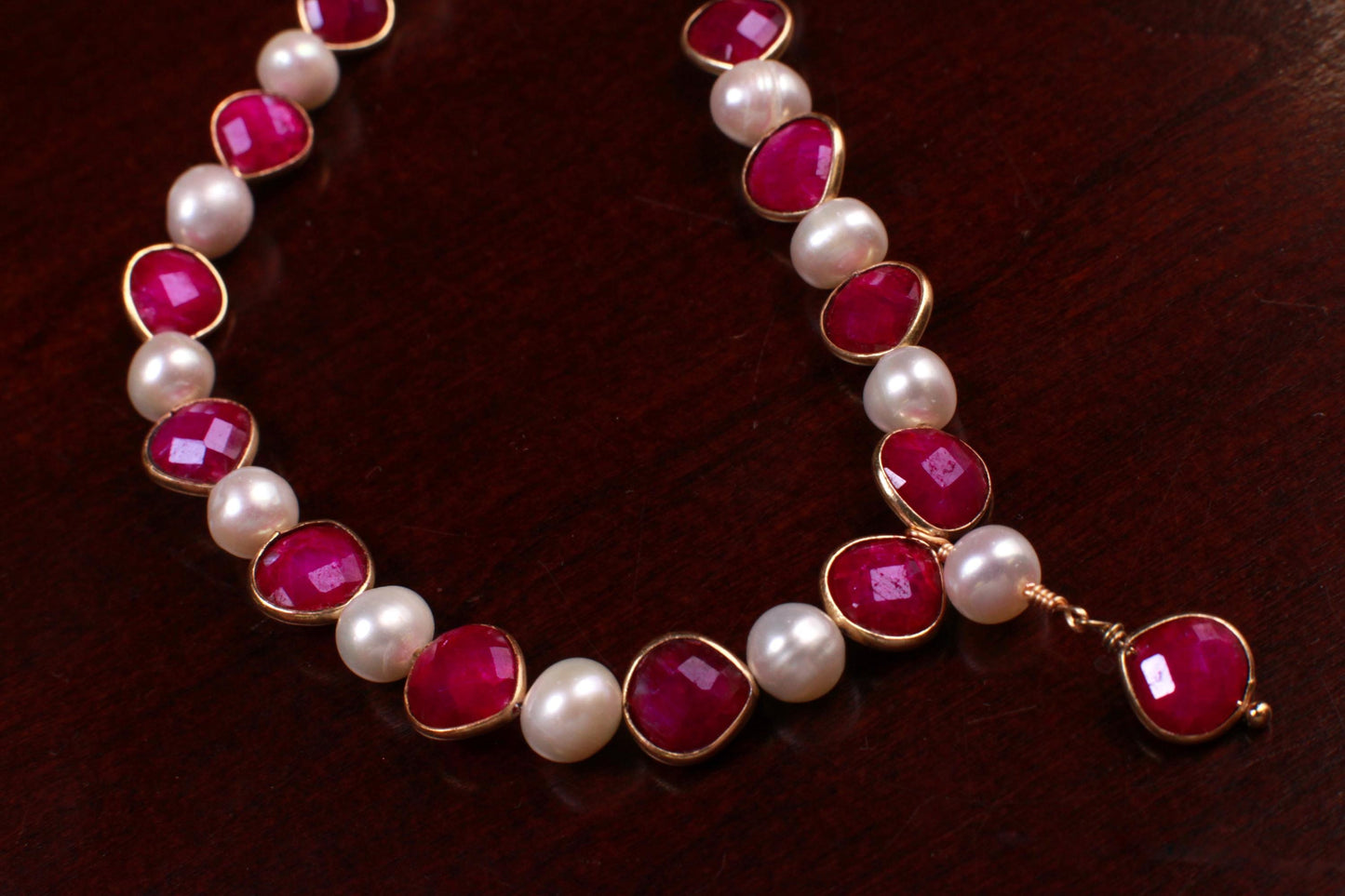 Genuine pink Ruby Heart shape Bezel with fresh Water Pearl 22k Gold vermeil Y necklace purplish pink Valentine, Bridesmaid
