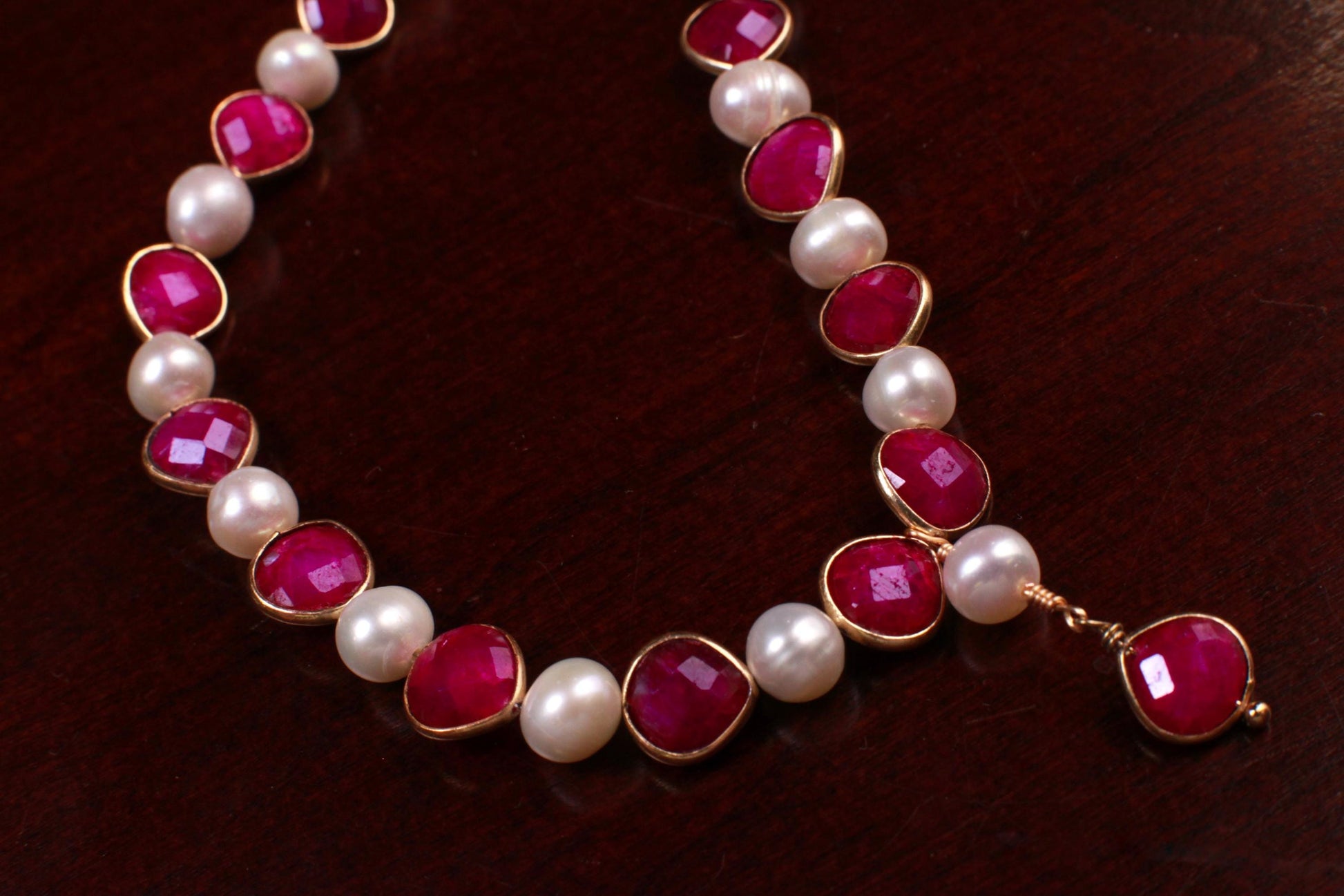 Genuine pink Ruby Heart shape Bezel with fresh Water Pearl 22k Gold vermeil Y necklace purplish pink Valentine, Bridesmaid