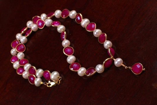 Genuine pink Ruby Heart shape Bezel with fresh Water Pearl 22k Gold vermeil Y necklace purplish pink Valentine, Bridesmaid