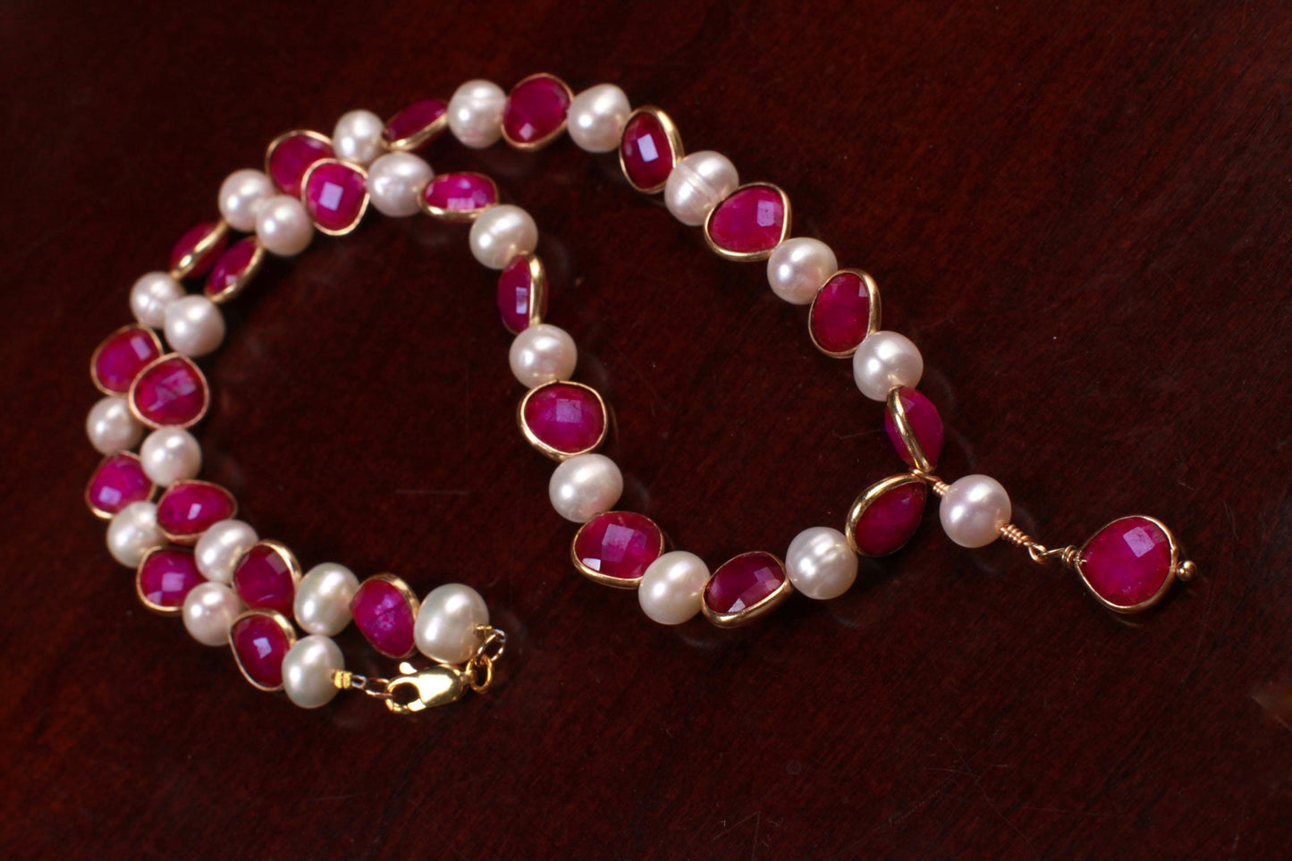 Genuine Ruby Heart shape Bezel with Fresh Water Pearl 22k Gold vermeil pendant necklace purplish pink Valentine, Bridesmaid,Gift for her