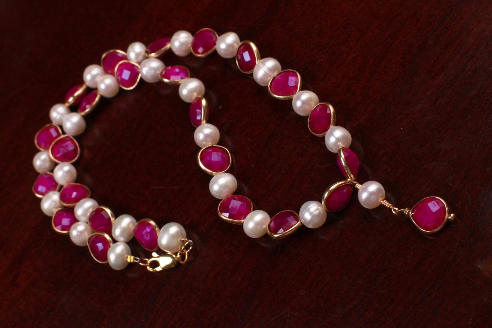 Genuine Ruby Heart shape Bezel with Fresh Water Pearl 22k Gold vermeil pendant necklace purplish pink Valentine, Bridesmaid,Gift for her