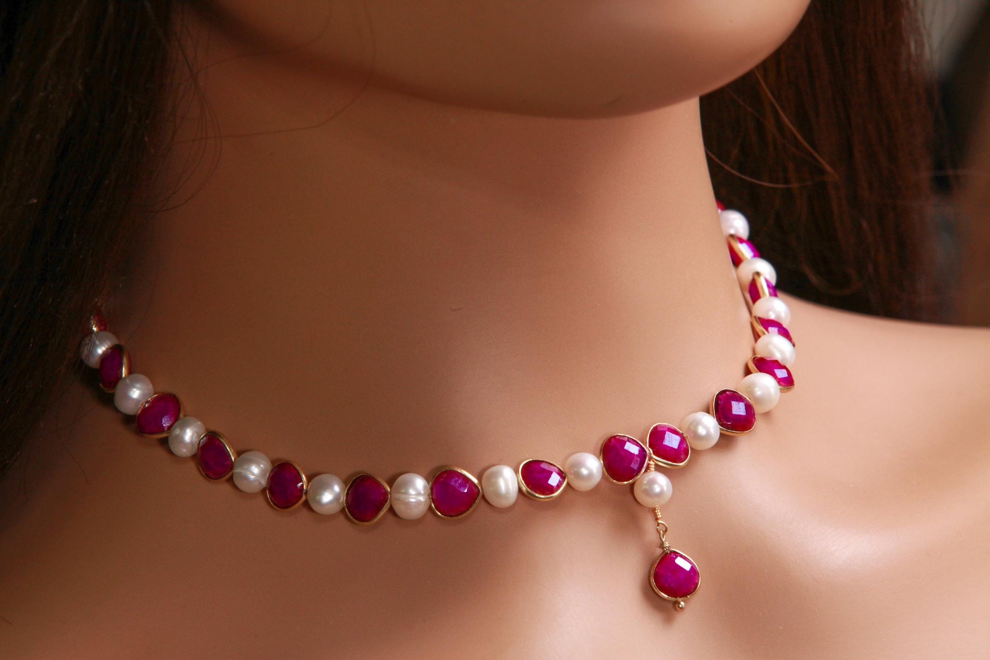 Genuine pink Ruby Heart shape Bezel with fresh Water Pearl 22k Gold vermeil Y necklace purplish pink Valentine, Bridesmaid