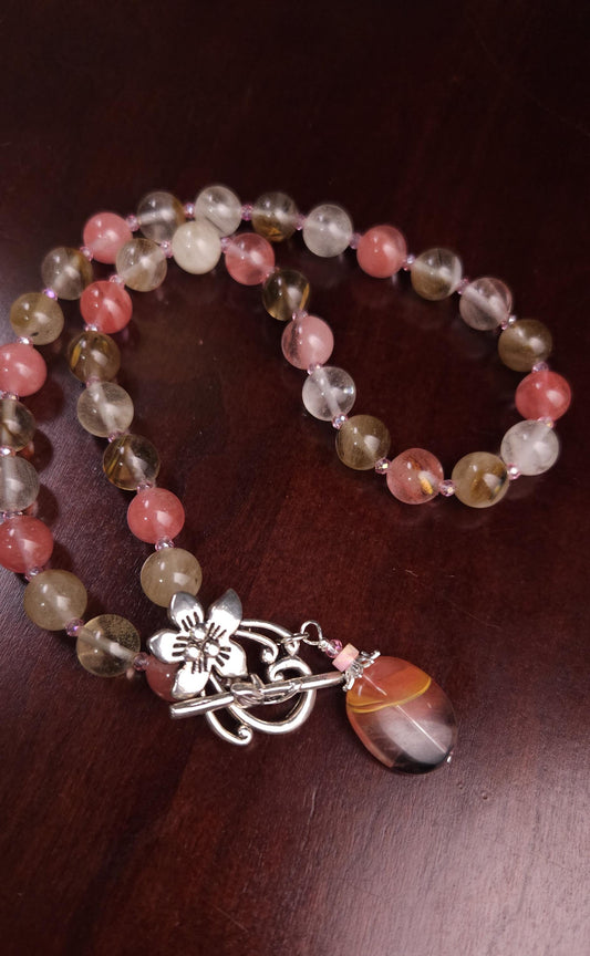 Fire Strawberry quartz 10mm round beaded necklace with pendant fancy silver flower toggle pink strawberry shaded necklace