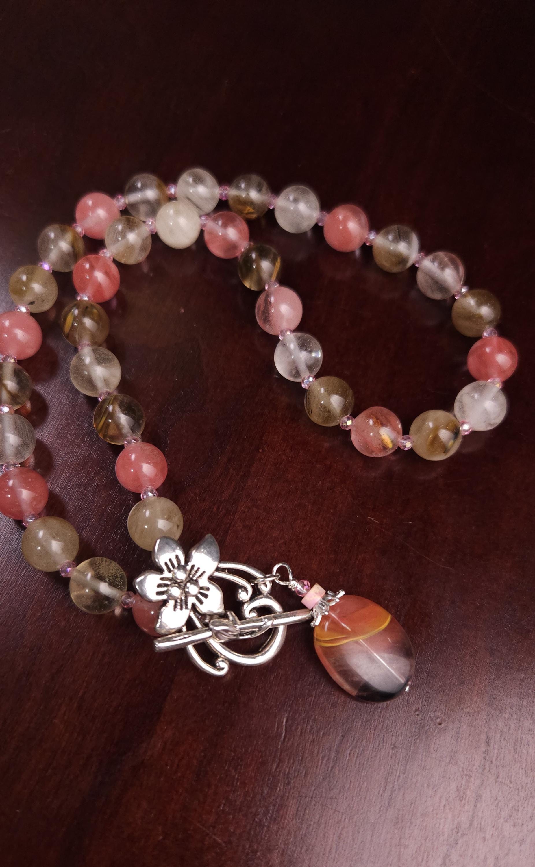 Fire Strawberry quartz 10mm round beaded necklace with pendant fancy silver flower toggle pink strawberry shaded necklace