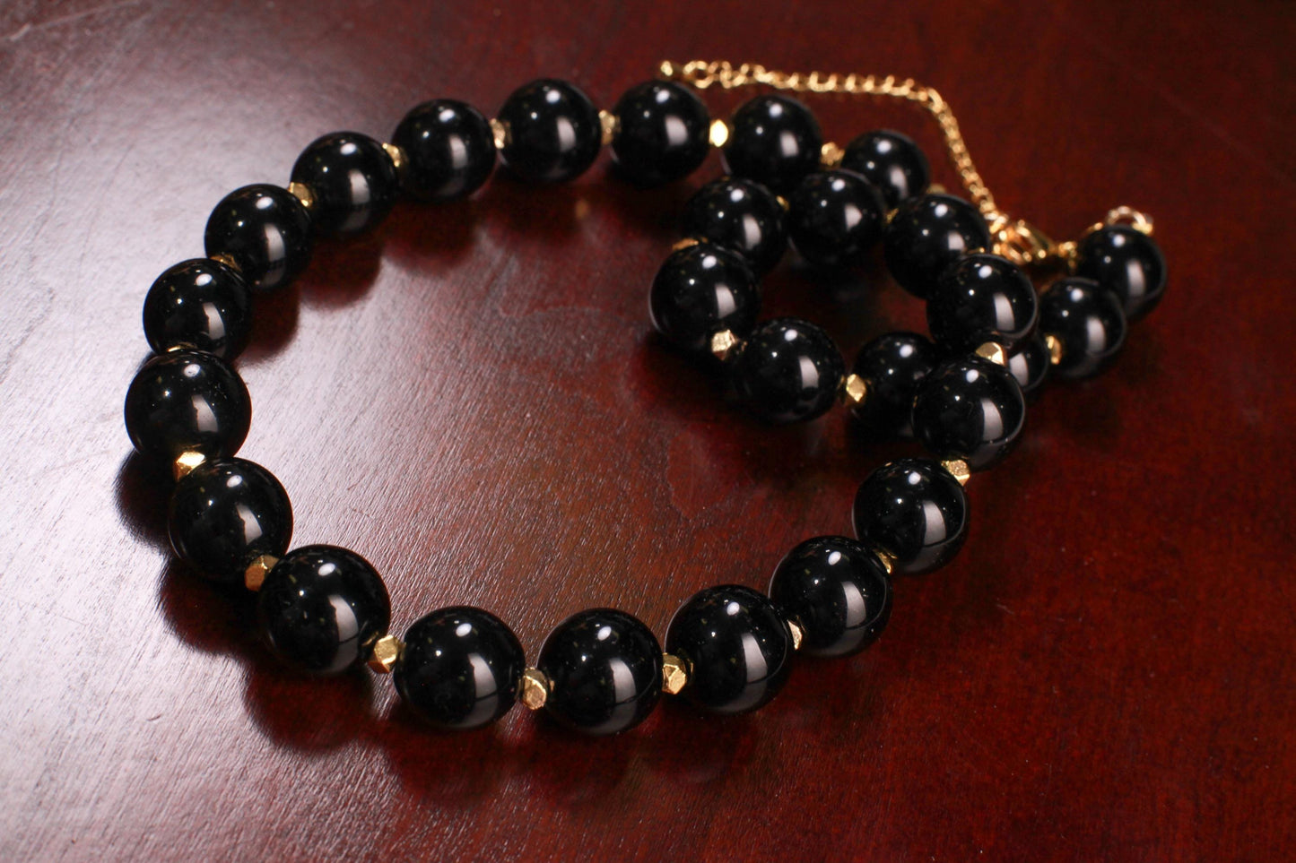 Genuine Black Onyx 14mm 18" Gold Necklace with 3" Extension Chain. High Quality Onyx smooth polished Bead. Elegant Gift for Mom