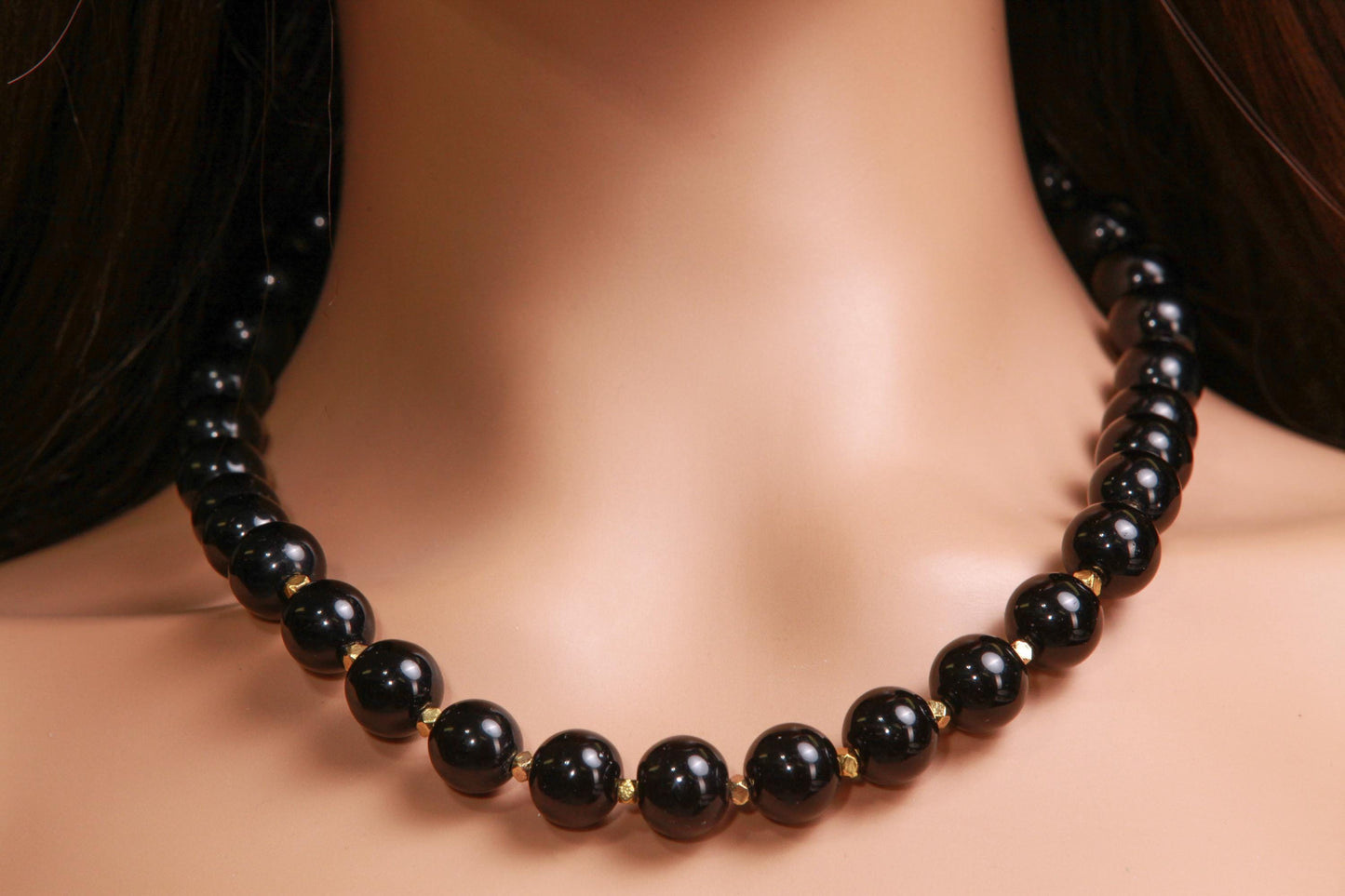 Genuine Black Onyx 14mm 18" Gold Necklace with 3" Extension Chain. High Quality Onyx smooth polished Bead. Elegant Gift for Mom