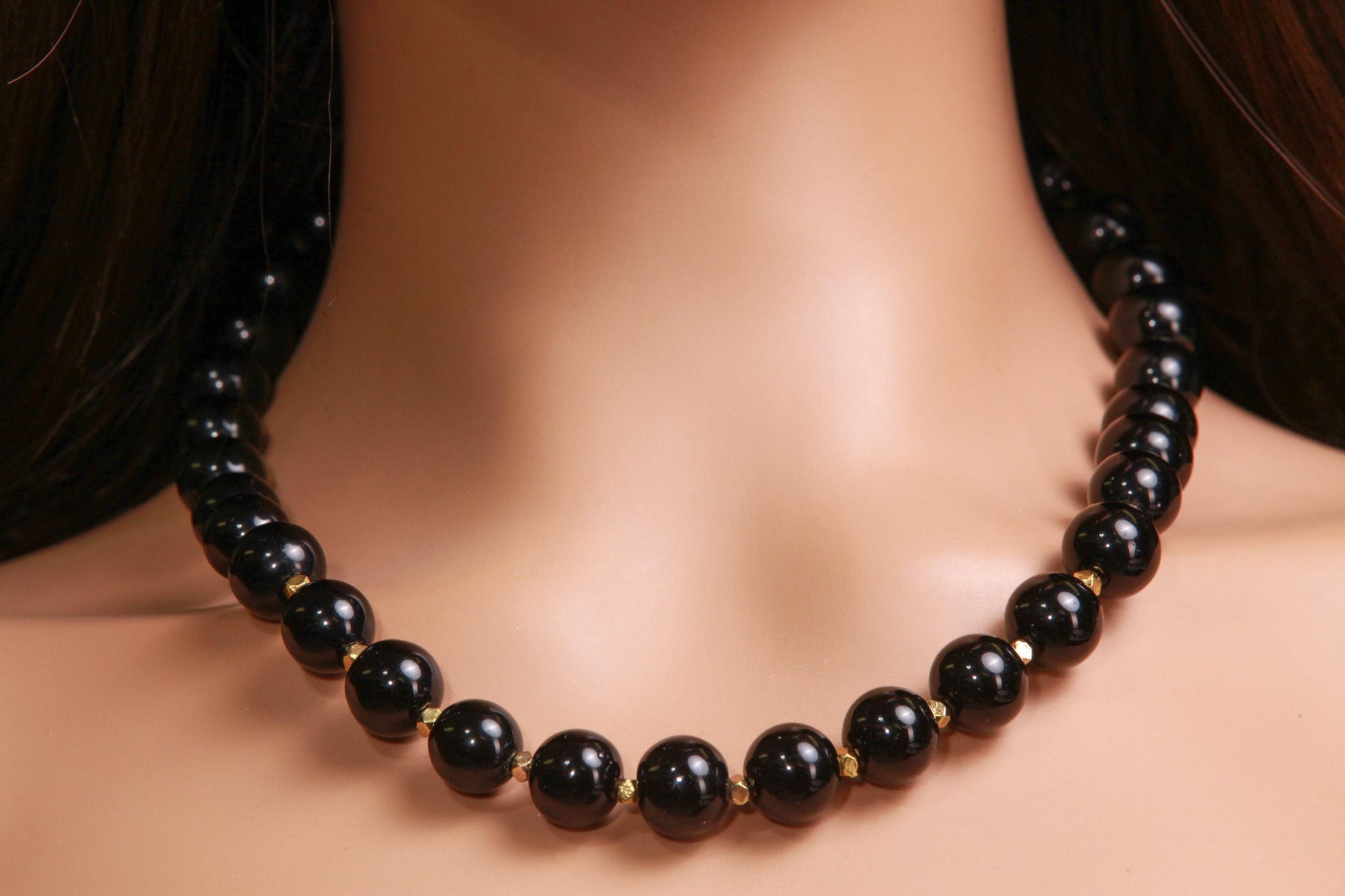 Genuine Black Onyx 14mm 18" Gold Necklace with 3" Extension Chain. High Quality Onyx smooth polished Bead. Elegant Gift for Mom