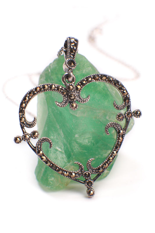 Vintage Marcasite 925 Sterling Silver heart shape 28x30mm pendant with 925 Sterling Silver Chain Vintage, 925 stamped Necklace