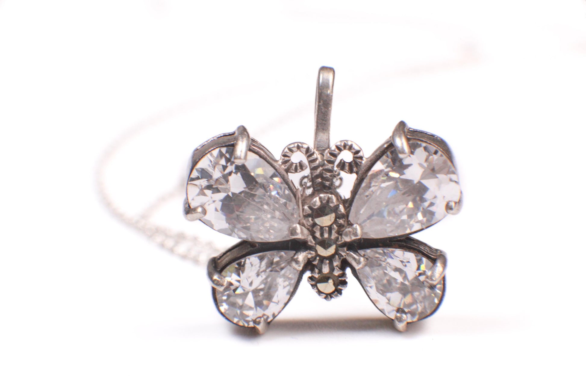 Marcasite 925 Sterling CZ Diamond Butterfly Pendant 16x20mm Necklace with Rhodium Non Tarnish Sterling Silver Chain, Vintage, Antique gift