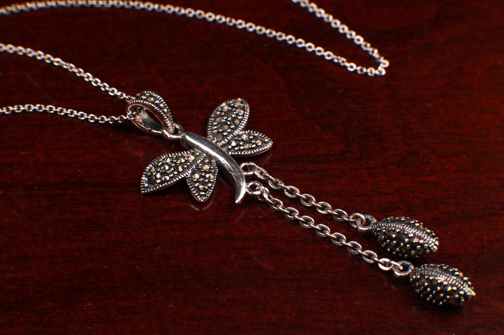 Marcasite 925 Sterling Butterfly Pendant 23mm with 2 Oval marcasite charm dangling Rhodium Sterling Silver Chain, Vintage antique gift