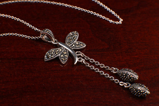 Marcasite 925 Sterling Butterfly Pendant 23mm with 2 Oval marcasite charm dangling Rhodium Sterling Silver Chain, Vintage antique gift