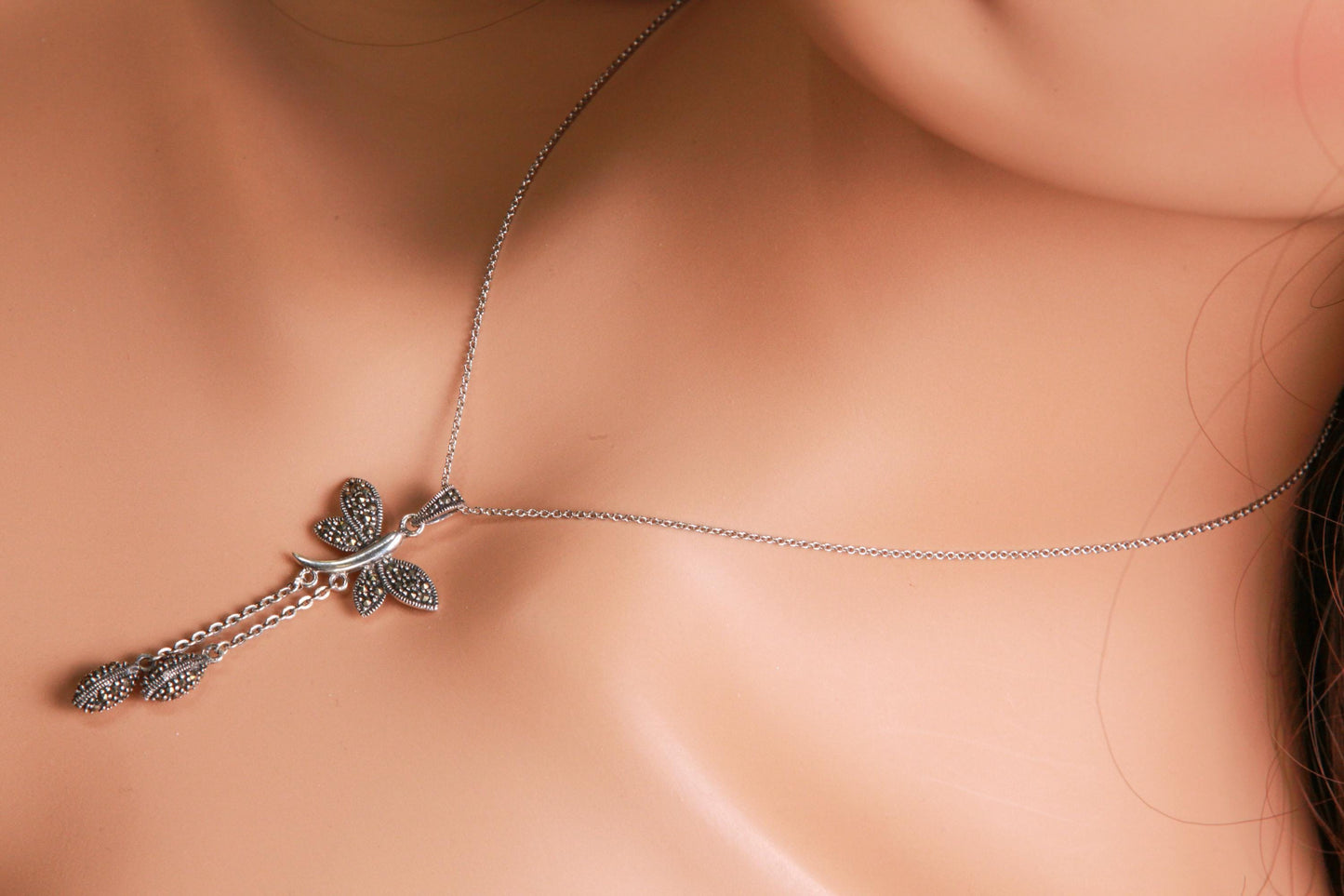 Marcasite 925 Sterling Butterfly Pendant 23mm with 2 Oval marcasite charm dangling Rhodium Sterling Silver Chain, Vintage antique gift