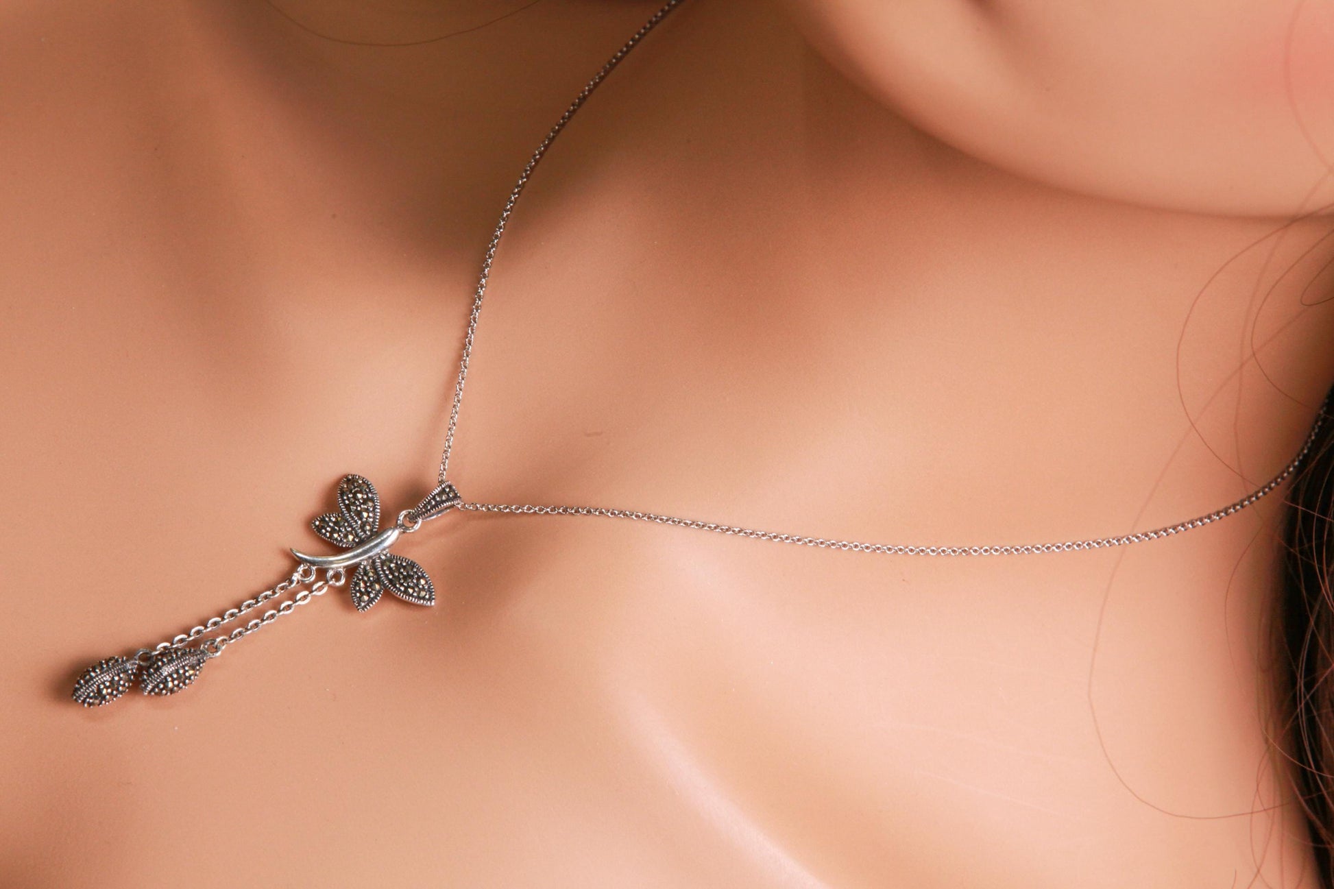 Marcasite 925 Sterling Butterfly Pendant 23mm with 2 Oval marcasite charm dangling Rhodium Sterling Silver Chain, Vintage antique gift