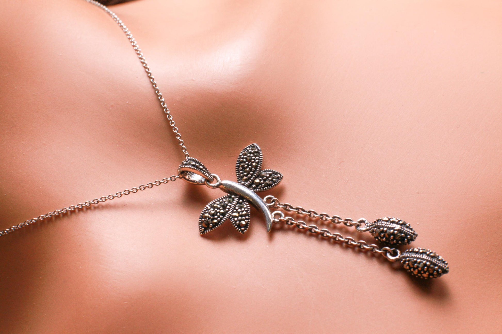 Marcasite 925 Sterling Butterfly Pendant 23mm with 2 Oval marcasite charm dangling Rhodium Sterling Silver Chain, Vintage antique gift