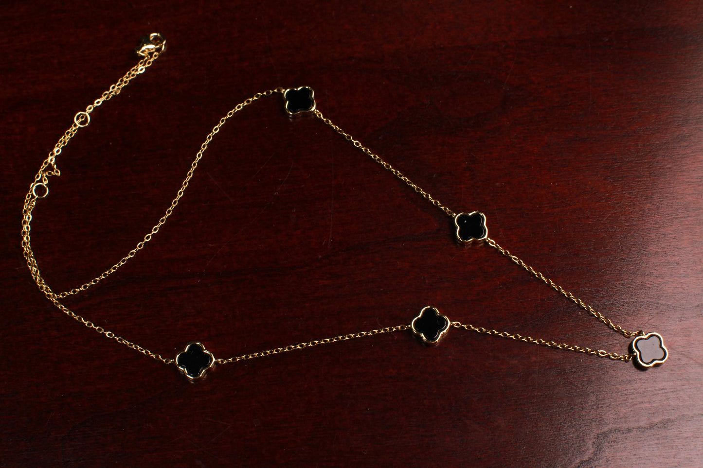 22K Gold Vermeil, 925 Sterling Silver, Flowers Charm 8.5mm Natural Black Onyx 5pcs Adjustable 16”,17",18" 3 in 1 necklace