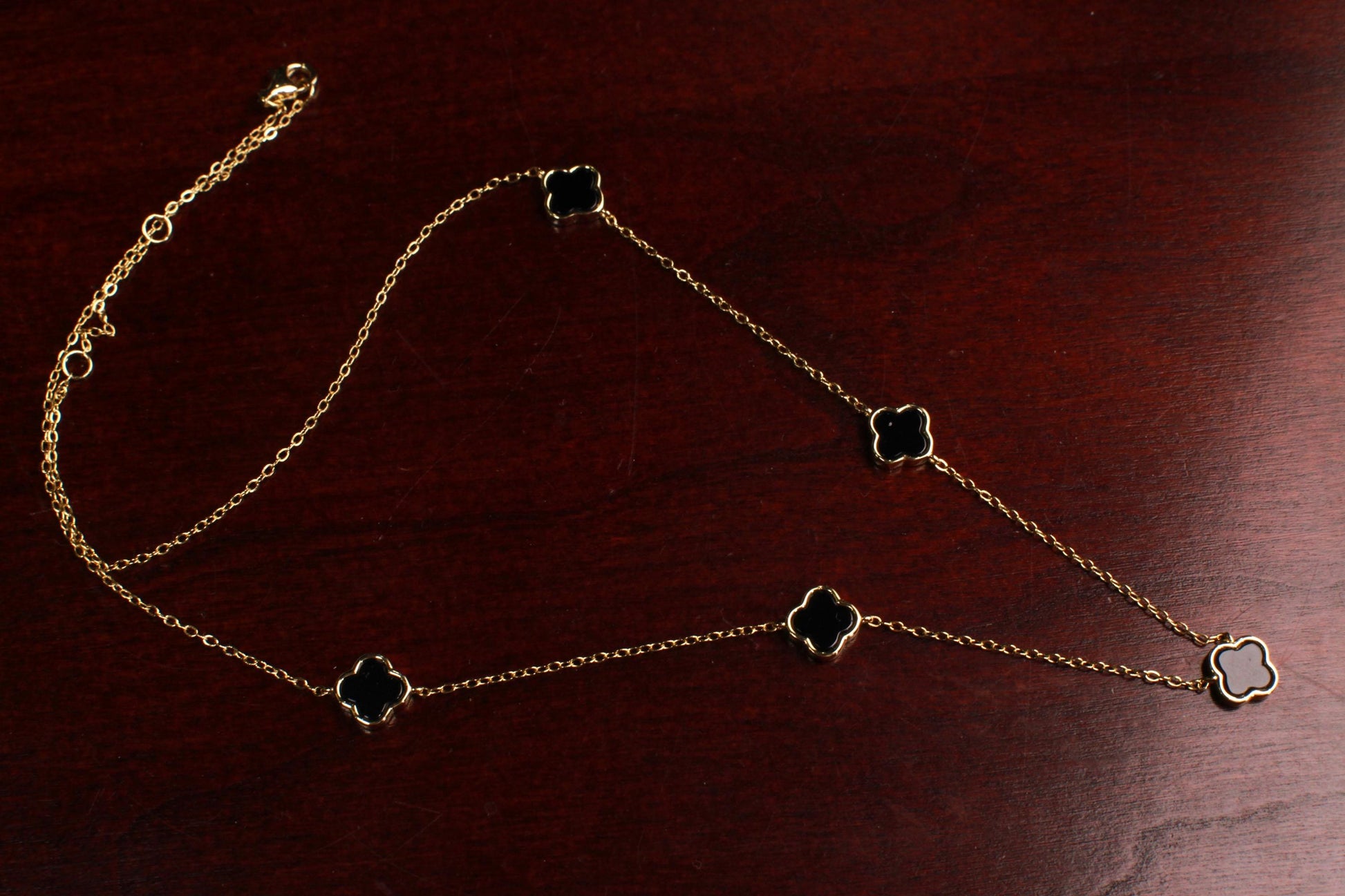 22K Gold Vermeil, 925 Sterling Silver, Flowers Charm 8.5mm Natural Black Onyx 5pcs Adjustable 16”,17",18" 3 in 1 necklace