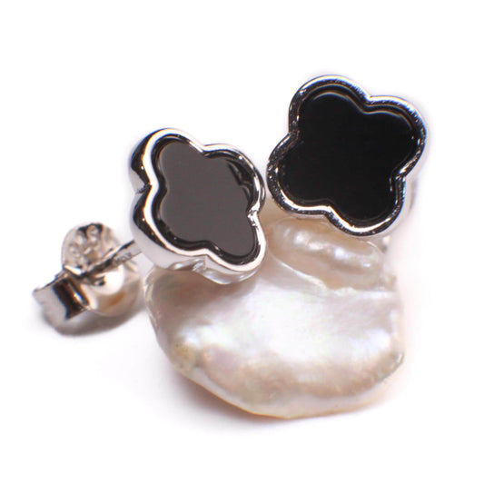 Pure 925 Sterling Silver Flower earrings .Natural Black Onyx 8mm Flower Stud Earrings 925 Stamped. Love