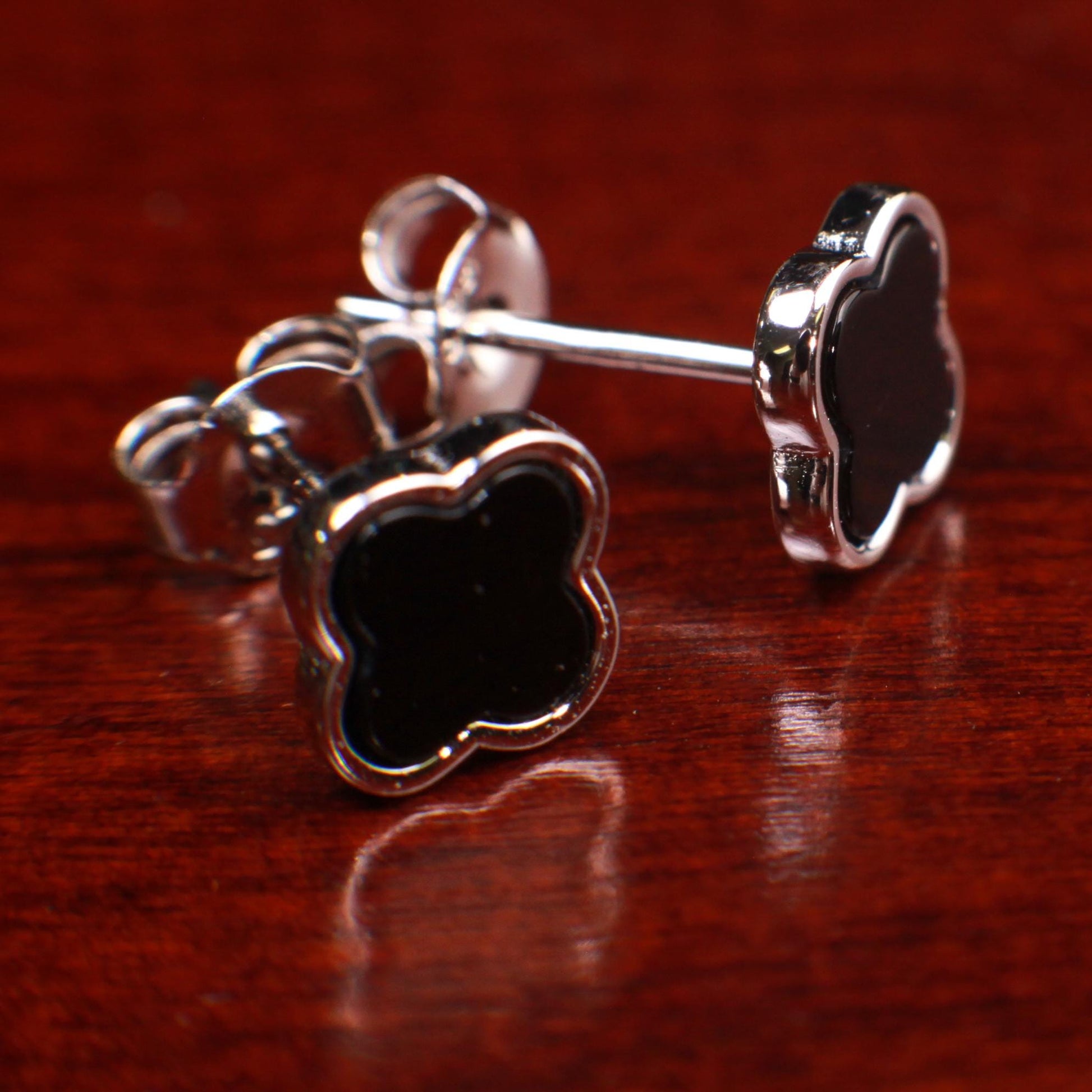 Pure 925 Sterling Silver Flower earrings .Natural Black Onyx 8mm Flower Stud Earrings 925 Stamped. Love