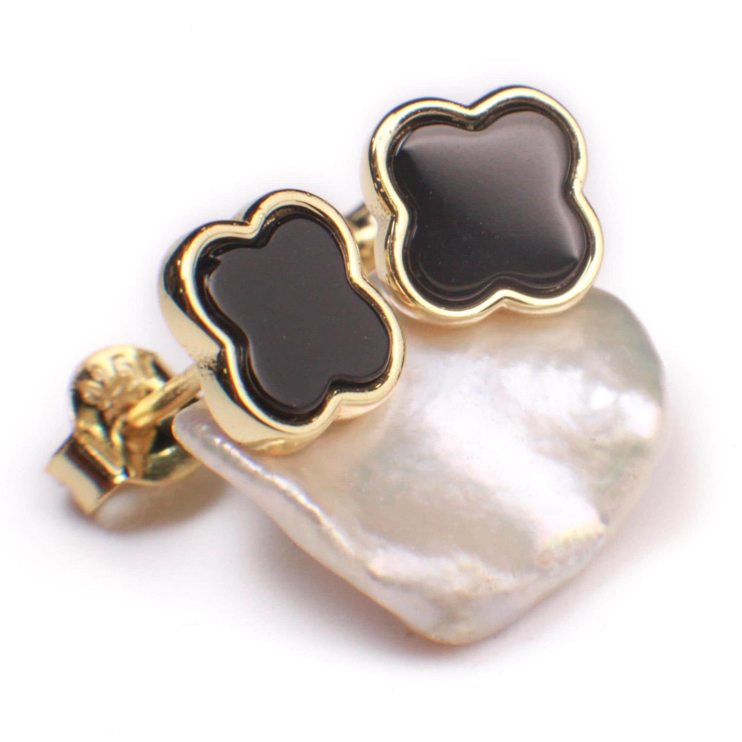 Natural Black Onyx 8mm Four Leaf Flower Stud Earrings in 18K Gold Vermeil over 925 Sterling Silver Earrings, 925 Stamped Charm earring love