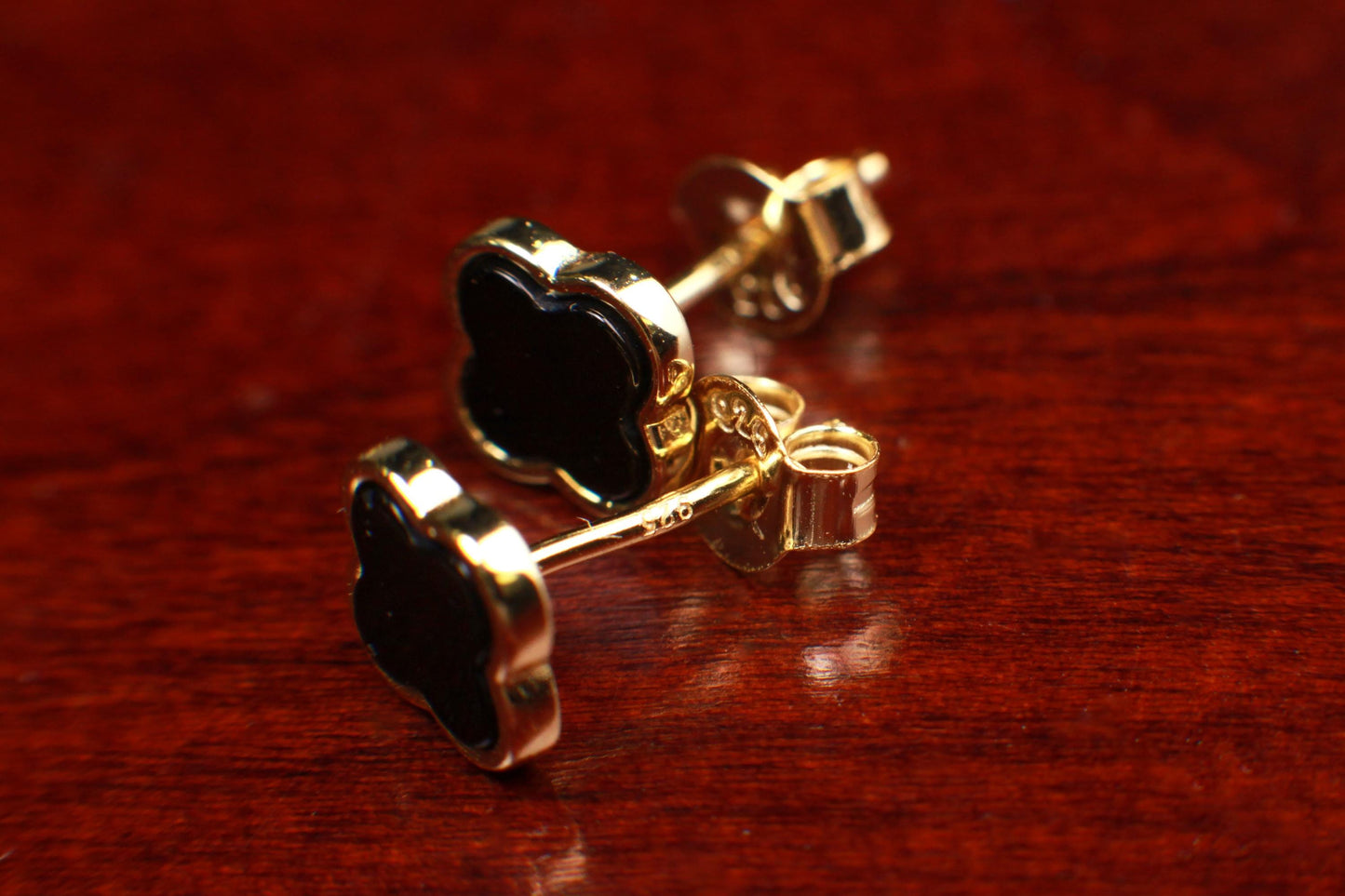 Natural Black Onyx 8mm Four Leaf Flower Stud Earrings in 18K Gold Vermeil over 925 Sterling Silver Earrings, 925 Stamped Charm earring love