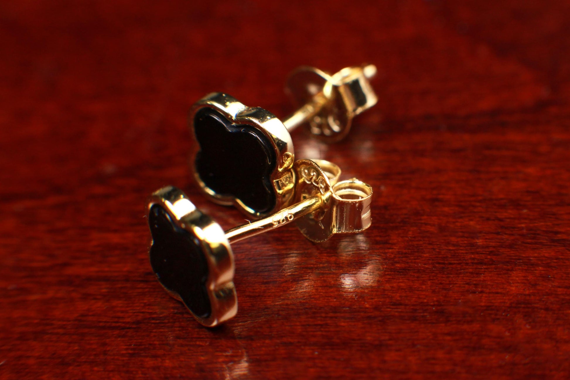 Natural Black Onyx 8mm Four Leaf Flower Stud Earrings in 18K Gold Vermeil over 925 Sterling Silver Earrings, 925 Stamped Charm earring love
