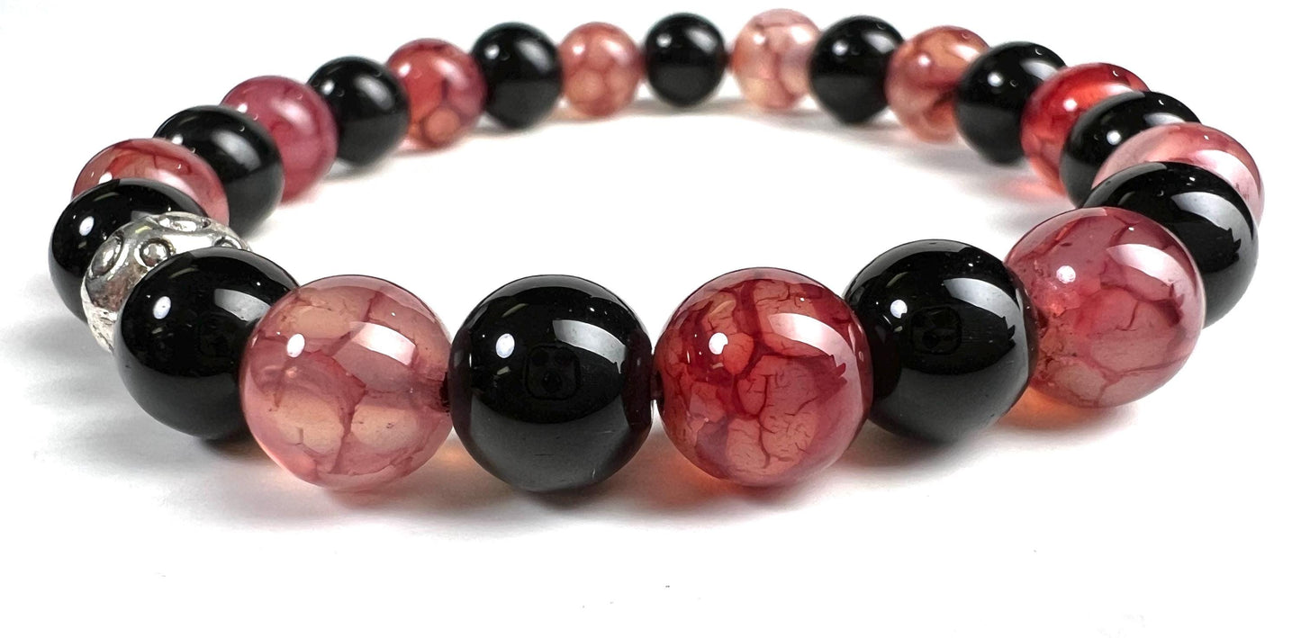Red Dragon Vein Agate and Bkack Onyx 8mm Smooth Round Beaded Strawberry Color Bracelet