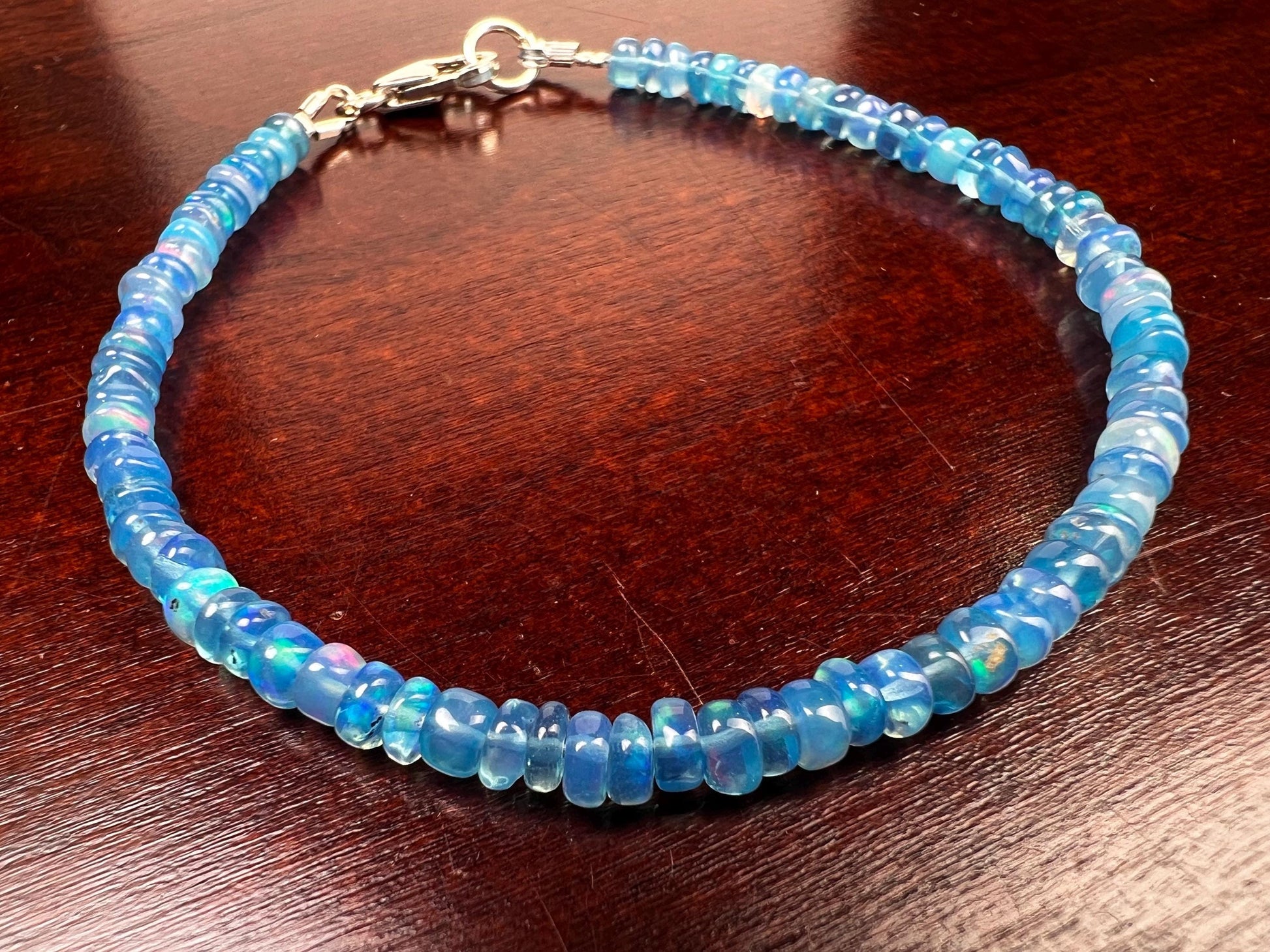 Genuine Ethiopian Fire Opal Periwinkle Blue Welo Opal 3.5-4mm Smooth beaded Bracelet AAA quality Fiery Opal gift 925 sterling silver