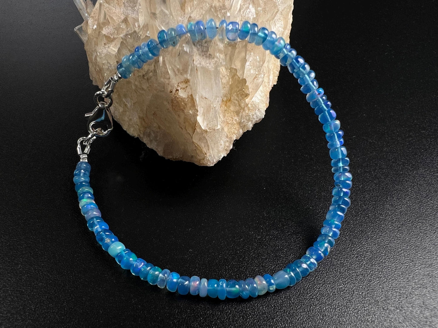 Genuine Ethiopian Fire Opal Periwinkle Blue Welo Opal 3.5-4mm Smooth beaded Bracelet AAA quality Fiery Opal gift 925 sterling silver