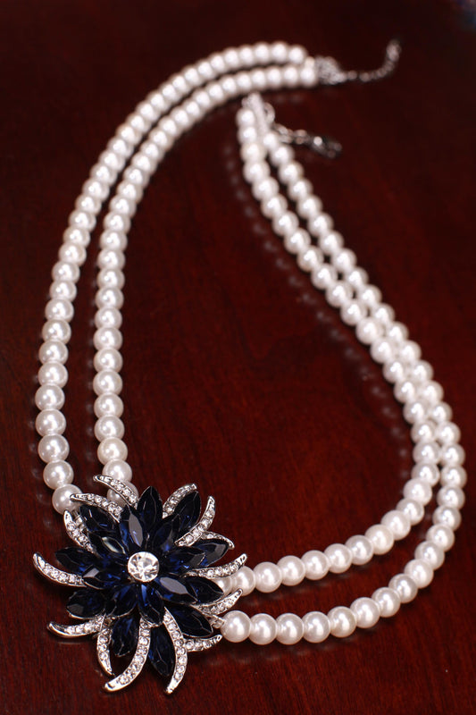 South Sea Shell Pearl 8mm Double Layered Necklace with Blue Sapphire 40mm CZ Pendant Necklace with 2" Extension Chain wedding party jewelry