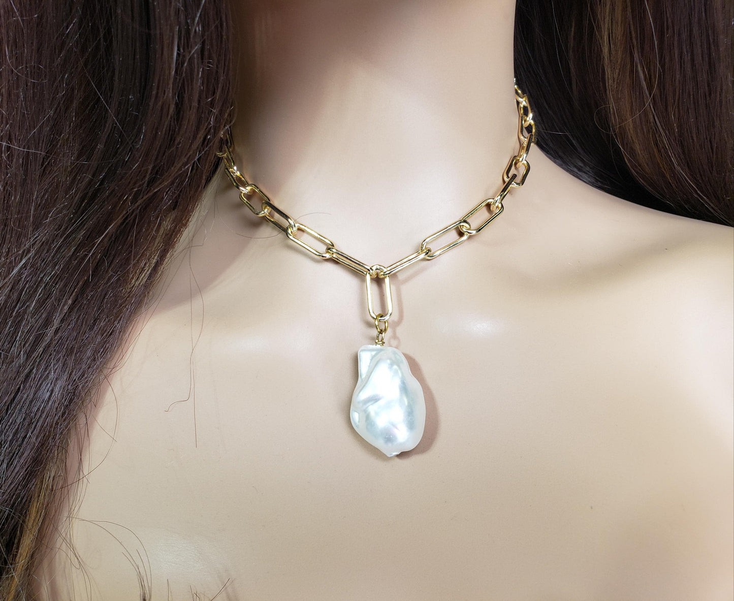 18k Gold Paper clip chain large size 7x17mm chain with huge Baroque pearl 20x30mm pendant gold necklace Resistance and Unity