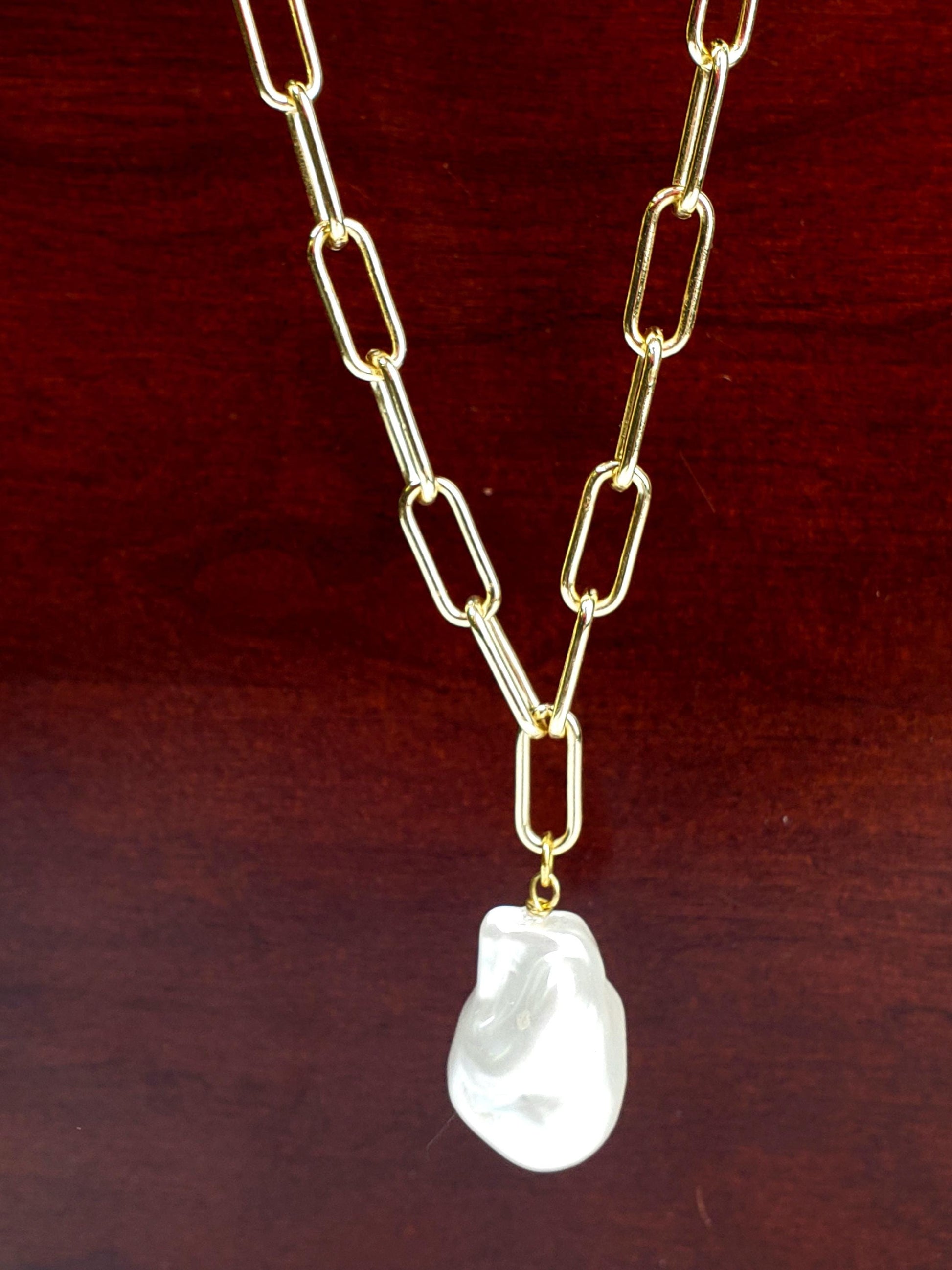 18k Gold Paper clip chain large size 7x17mm chain with huge Baroque pearl 20x30mm pendant gold necklace Resistance and Unity