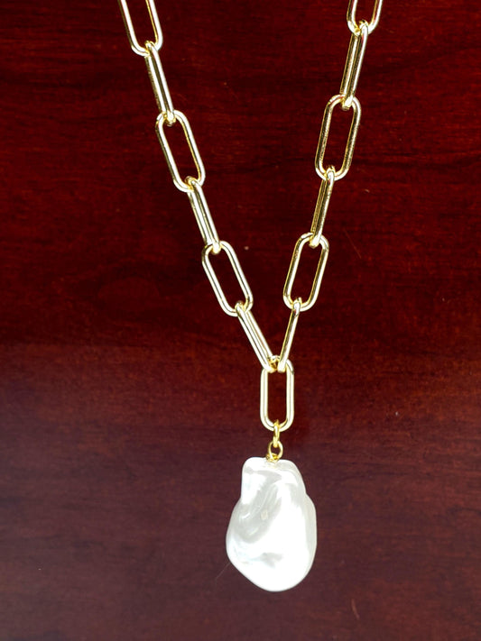 18k Gold Paper clip chain large size 7x17mm chain with huge Baroque pearl 20x30mm pendant gold necklace Resistance and Unity