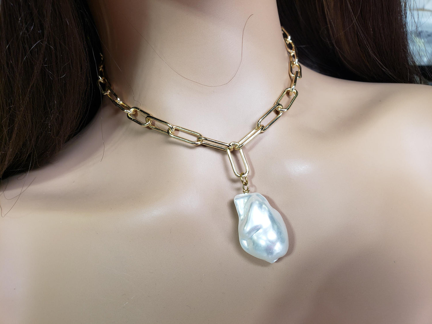 18k Gold Paper clip chain large size 7x17mm chain with huge Baroque pearl 20x30mm pendant gold necklace Resistance and Unity