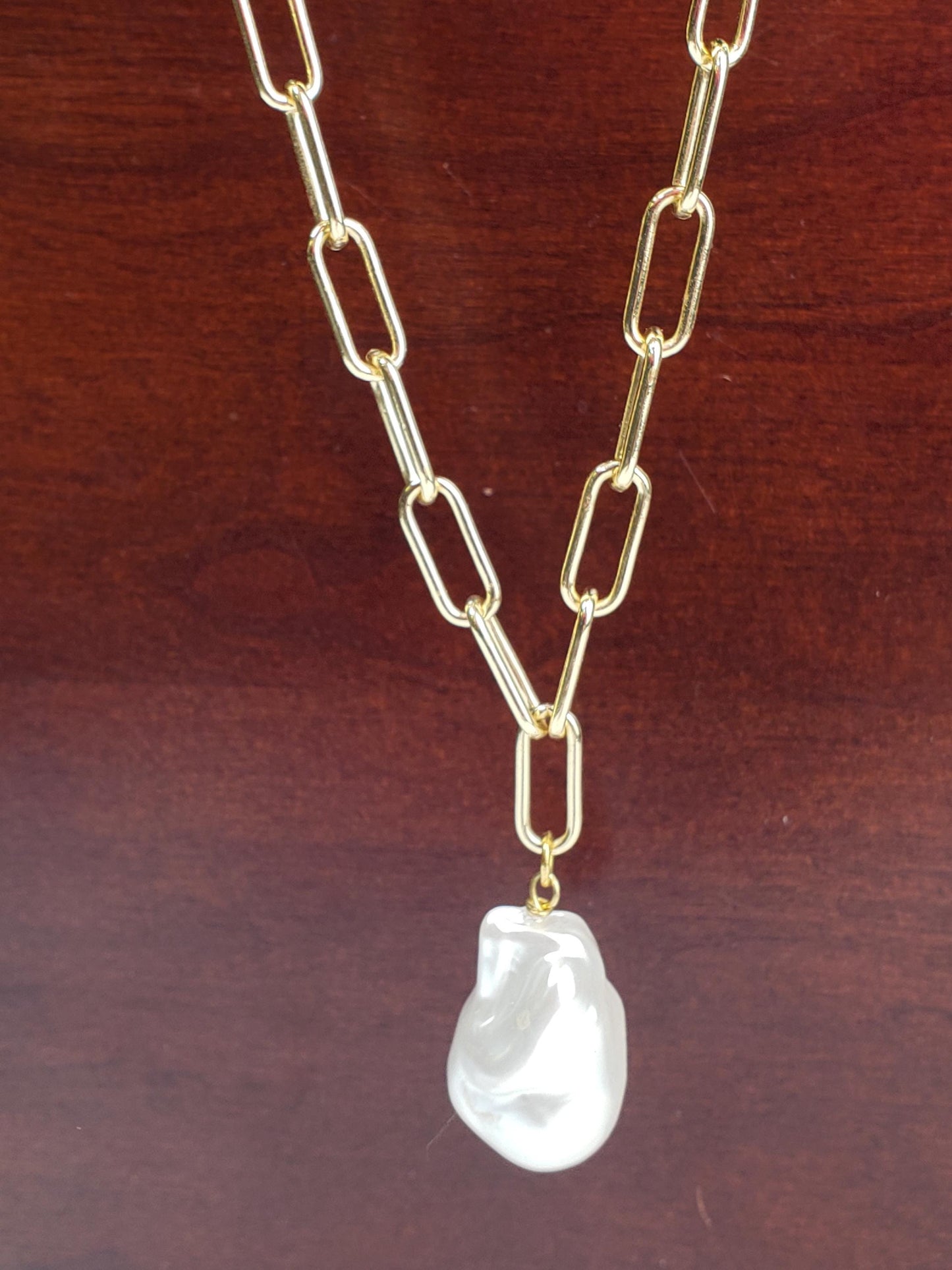 18k Gold Paper clip chain large size 7x17mm chain with huge Baroque pearl 20x30mm pendant gold necklace Resistance and Unity