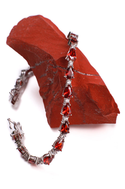 Genuine Garnet Teardrop shape 4x6mm Prong CZ Diamond 925 Sterling Silver Tennis Bracelet 7"with safety clasp. January birthstone, gift