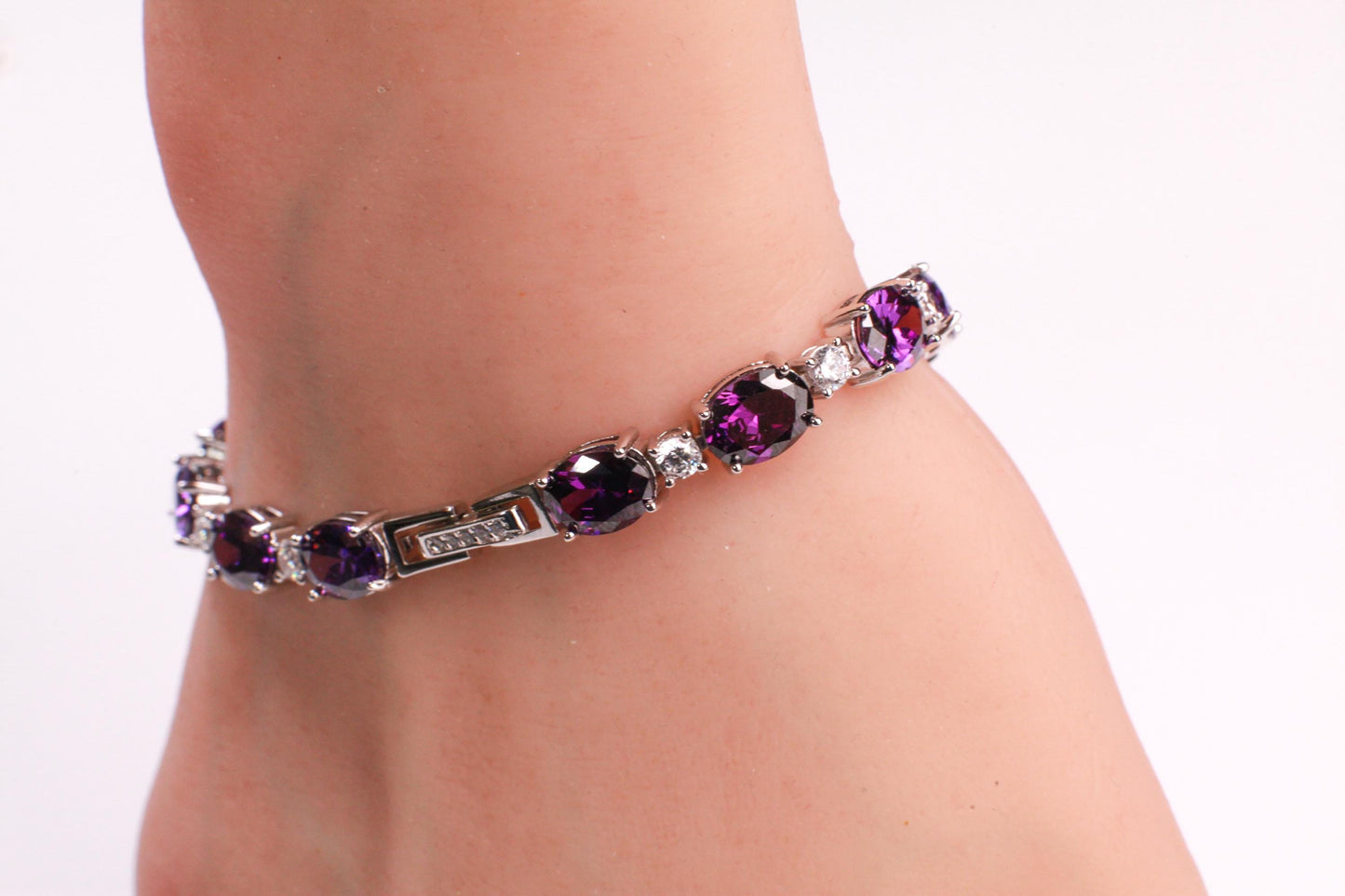Purple Amethyst Oval shape 6x8mm Prong CZ Diamond 925 Sterling Silver Tennis Bracelet 7" February birthstone, holiday best gift 925 stamped