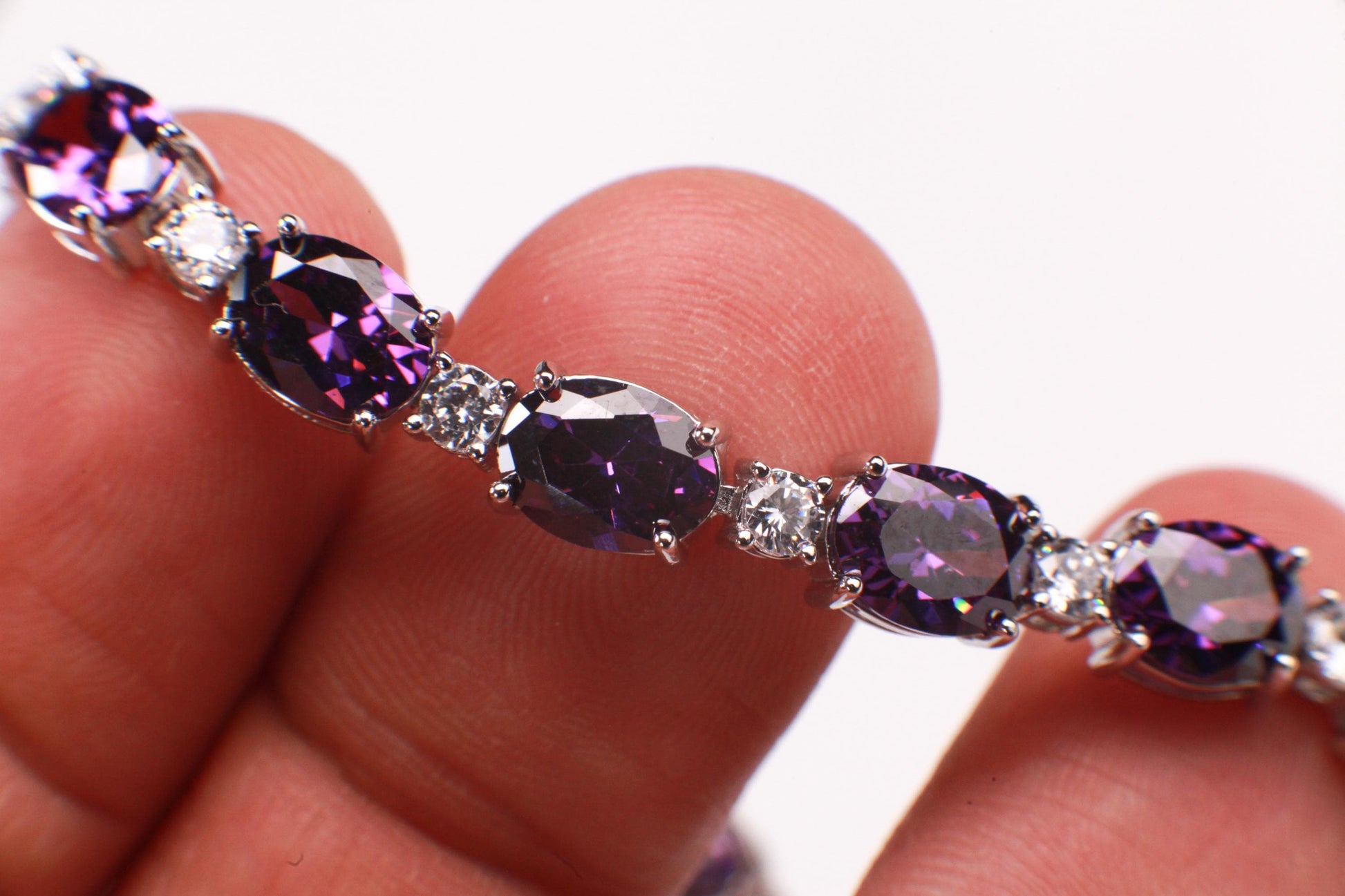 Purple Amethyst Oval shape 6x8mm Prong CZ Diamond 925 Sterling Silver Tennis Bracelet 7" February birthstone, holiday best gift 925 stamped