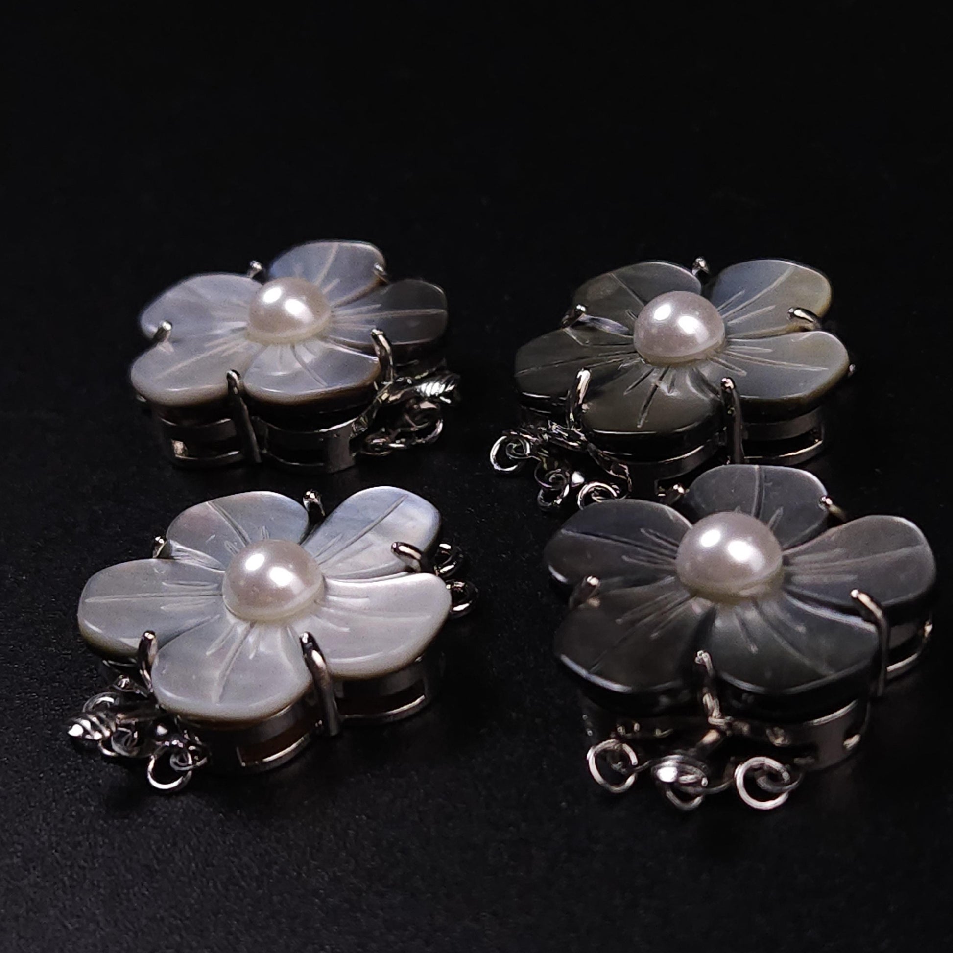 Mother of pearl clasp. Black Lip, White Mother of pearl 3 Loop Fancy Flower Clasp, Jewelry Making Rhodium 3 line Necklace Bracelet clasp