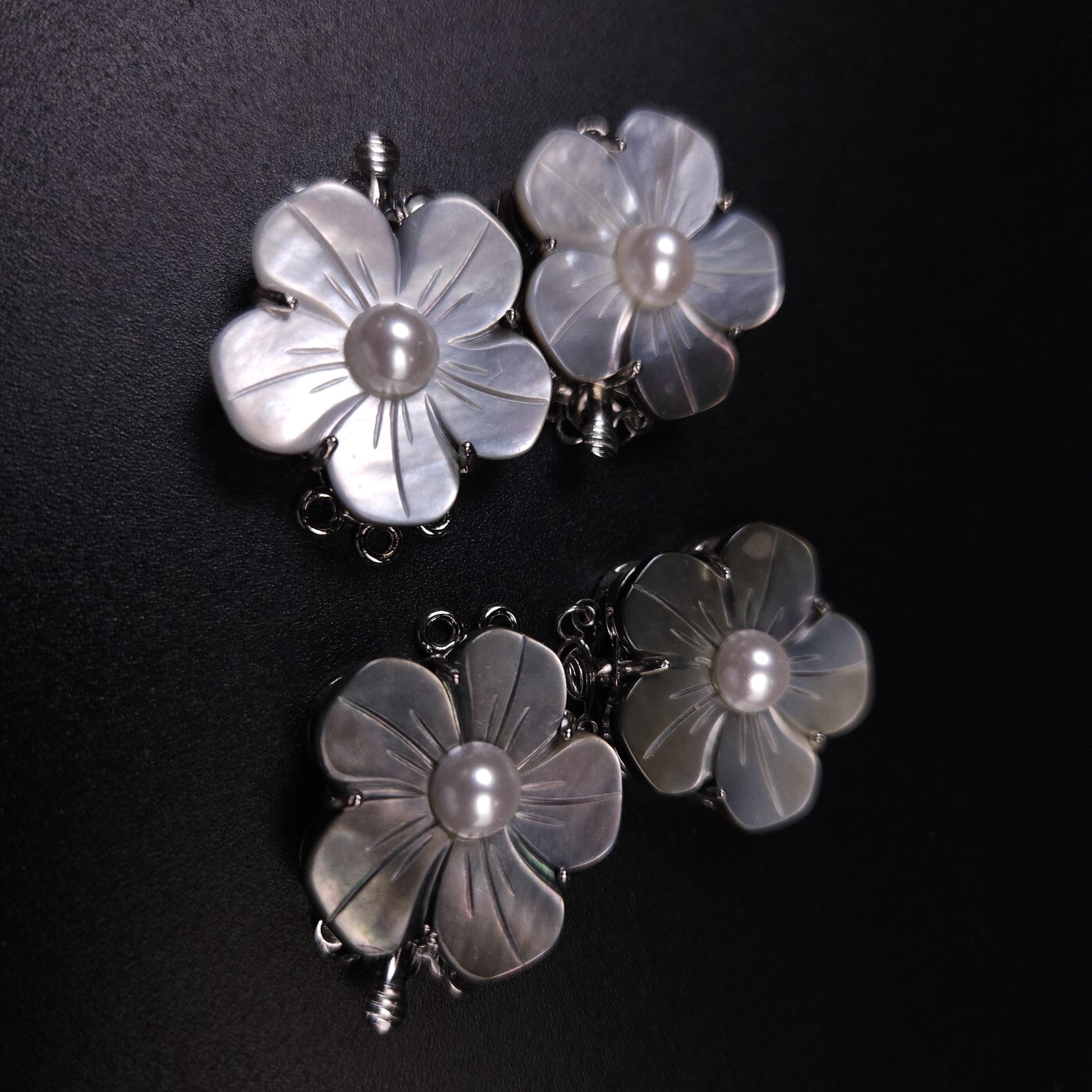 Mother of pearl clasp. Black Lip, White Mother of pearl 3 Loop Fancy Flower Clasp, Jewelry Making Rhodium 3 line Necklace Bracelet clasp