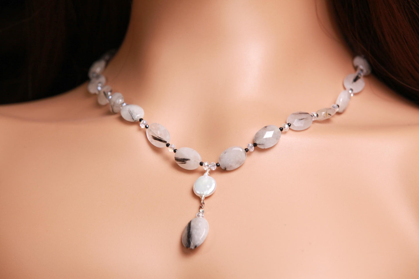 Natural Rutilated Quartz faceted oval black spinel spacer Freshwater coin petal pendant Necklace.